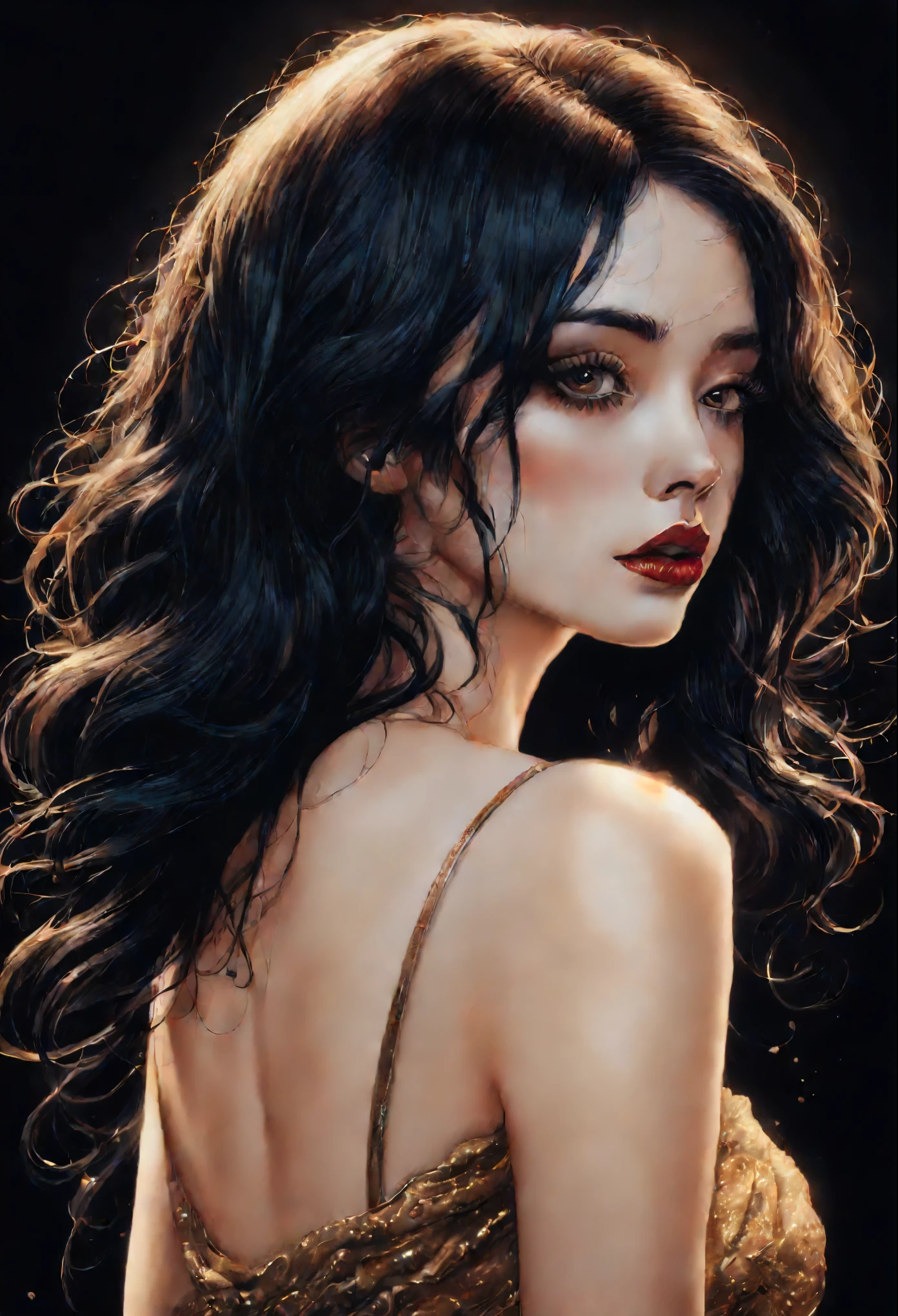 chiaroscuro technique on  illustration of an elegant oldies , wet hair, vintage, eerie, matte painting, by Hannah Dale, by Harumi Hironaka, extremely soft colors, vibrant, highly detailed, digital illustrations , high contrast, dramatic, refined, tonal, facial expression, golden ratio