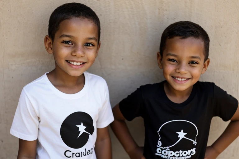 two children, meninos negros, dez anos, vestindo camiseta branca, imagem de meio corpo, background branco, sorridentes, dentes perfeitos, camera lente 24mm, image from a distance