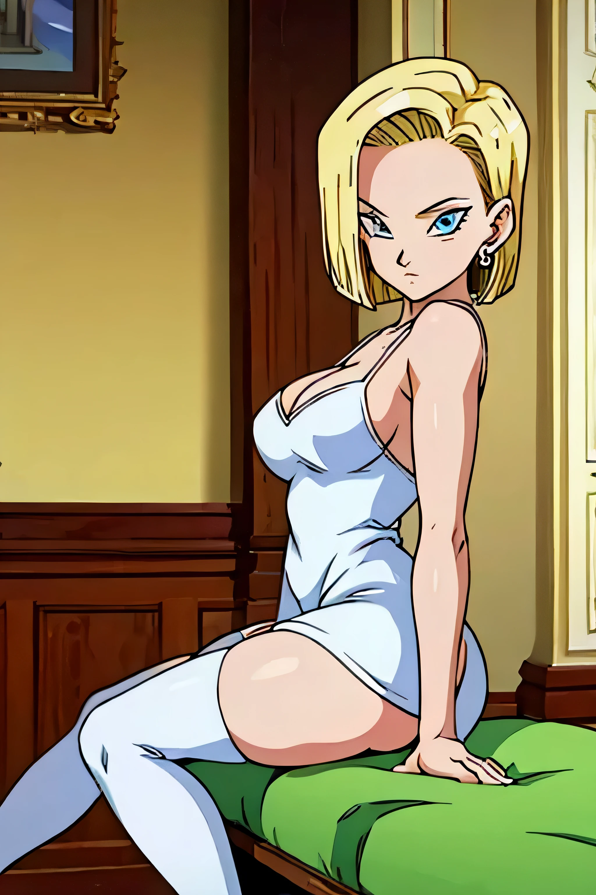 Android18, 1girl, solamente, Looking_en_espectador, corto_cabello, cerrado_boca, azul_ojos, rubio_cabello, Medio_senos, muslosaltos, vestido mini flores blancas, cabeza_reposo, brazo_apoyo, escote, Muslos, Pendientes , dentro, with a corto flowered dress, very corto, corto dress, mostrando el culo en tanga, muy sexy (SIN MEDIAS), Show loot , Backwards