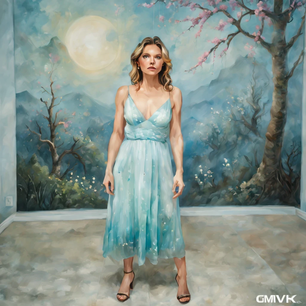 1 girl "Michelle Pfeiffer com vestido verde longo", pintura: （Jogo King Card:1.5, simetria rotacional),Stephen Gammell,(cowboy shot), Minimalist compositions,ondas do oceano, Maga Feminina, Cocar de cristal requintado, requintada armadura de cristal，Fio Eletroluminescente, enchanted magical fantasy. Peach Blossom Land, heaven, Jogo CG, Hand Painted Style, 8k, Ultra HD, arte digital conceitual, Azure azul e cinza,(Very detailed, Reasonable design, linhas claras, alta nitidez, melhor qualidade, master part, 4k ).