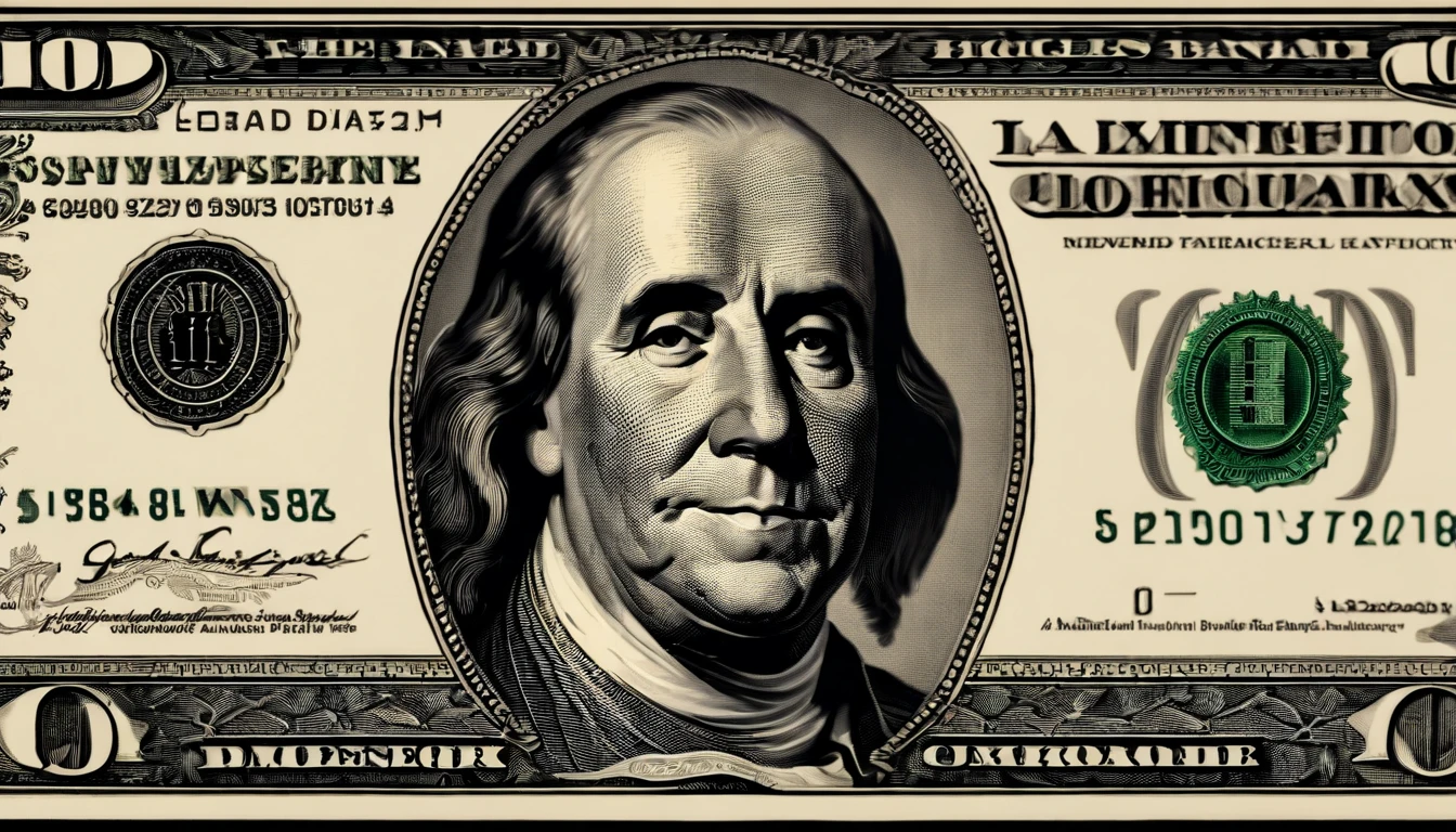 a macro shot of a one hundred dollar bill, zooming in on the intricate details of the portrait, the serial number, and the small patterns embedded in the bill, highlighting the craftsmanship and artistry of the currency