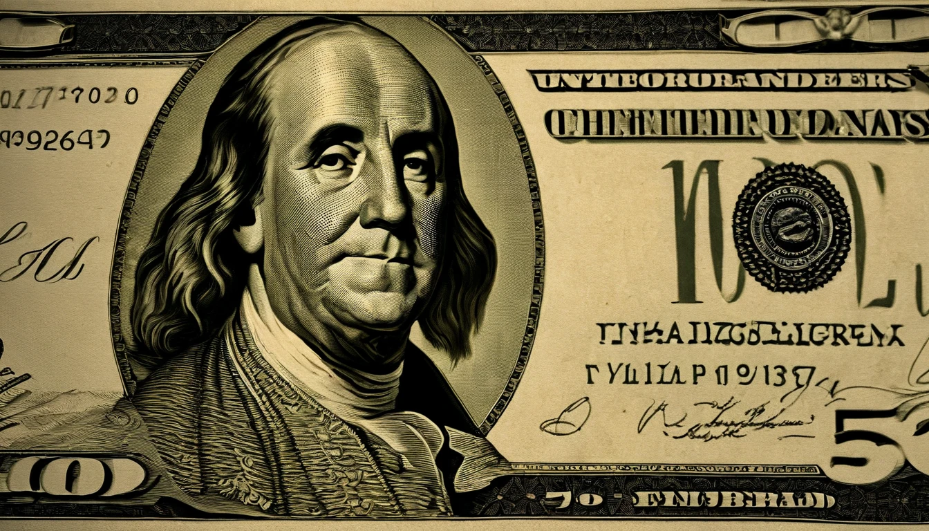 a macro shot of a one hundred dollar bill, zooming in on the intricate details of the portrait, the serial number, and the small patterns embedded in the bill, highlighting the craftsmanship and artistry of the currency