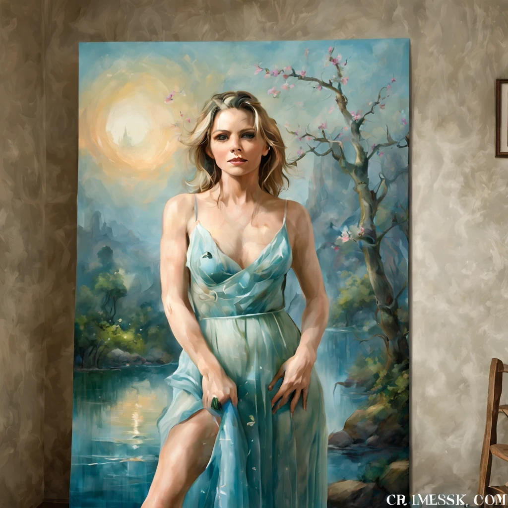 1 girl "Michelle Pfeiffer com vestido verde longo", pintura: （Jogo King Card:1.5, simetria rotacional),Stephen Gammell,(cowboy shot), Minimalist compositions,ondas do oceano, Maga Feminina, Cocar de cristal requintado, requintada armadura de cristal，Fio Eletroluminescente, enchanted magical fantasy. Peach Blossom Land, heaven, Jogo CG, Hand Painted Style, 8k, Ultra HD, arte digital conceitual, Azure azul e cinza,(Very detailed, Reasonable design, linhas claras, alta nitidez, melhor qualidade, master part, 4k ).