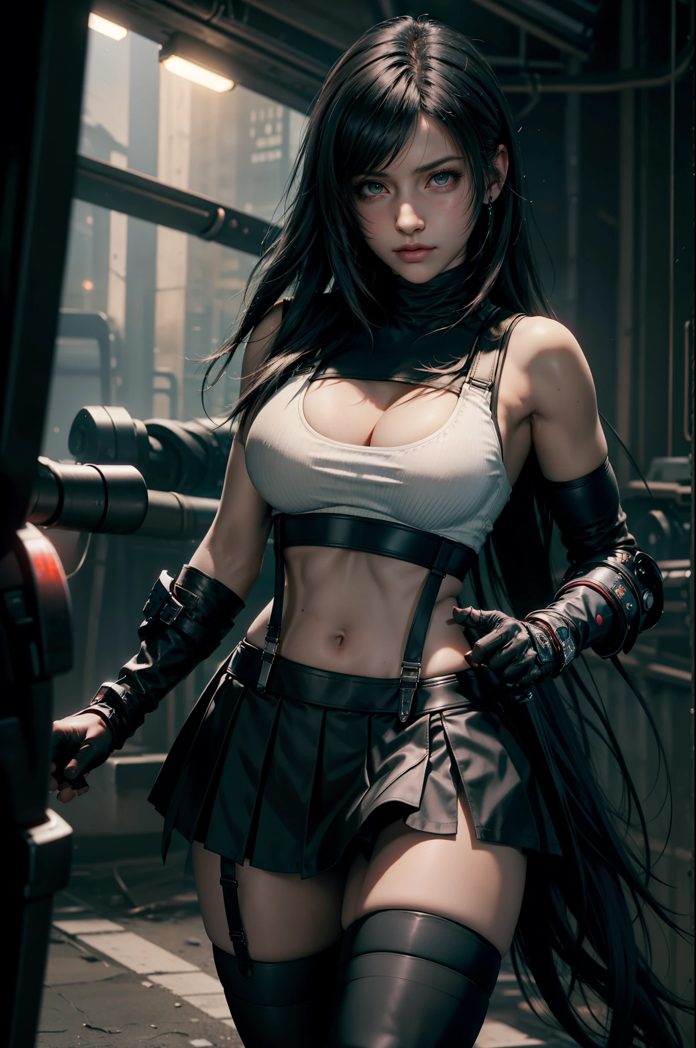 Final Fantasy VII, (nose blush), single elbow pad, ankle boots, black hair, black skirt, black thighhighs, red boots, elbow gloves, elbow pads, fingerless gloves, tight white shirt, white sports bra, (suspender black skirt), thighhighs, white tank top, black hair, full body, look at viewer, cyberpunk city background, makeup, bokeh, best quality, masterpiece, highres, UHD, 1080P