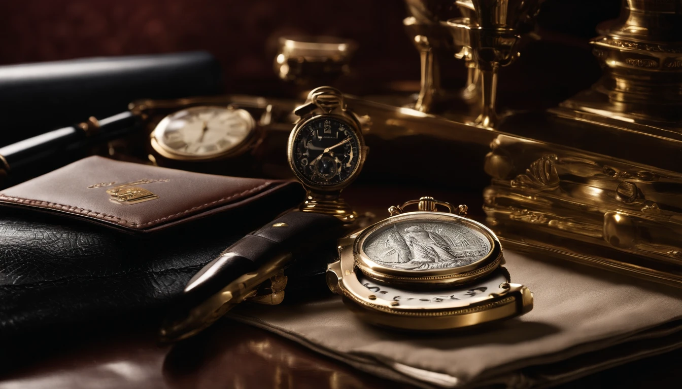 a still life shot of a one hundred dollar bill surrounded by luxury items, such as a high-end watch, a fountain pen, or a leather wallet, creating a visually striking composition that represents wealth and financial success