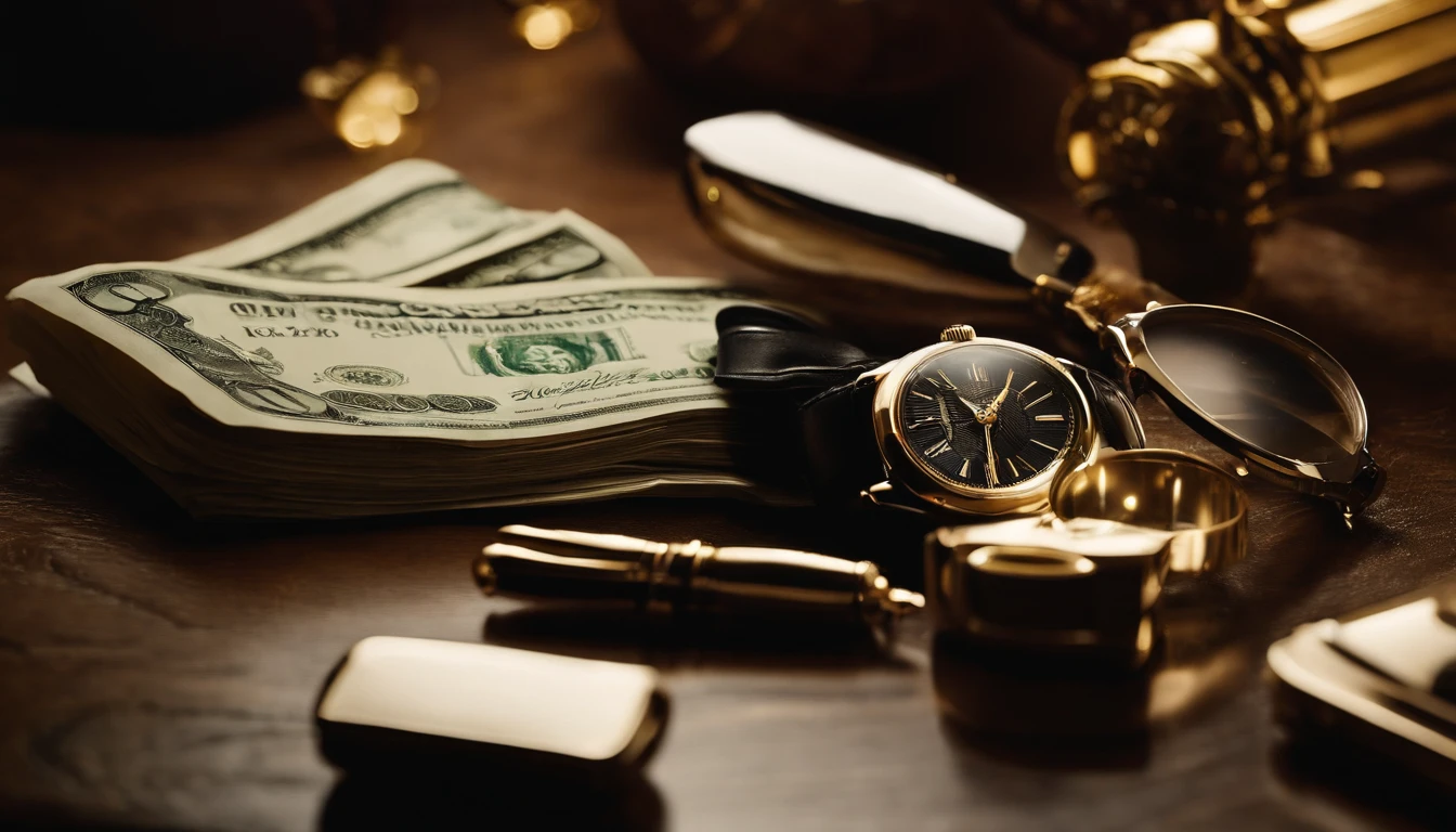 a still life shot of a one hundred dollar bill surrounded by luxury items, such as a high-end watch, a fountain pen, or a leather wallet, creating a visually striking composition that represents wealth and financial success