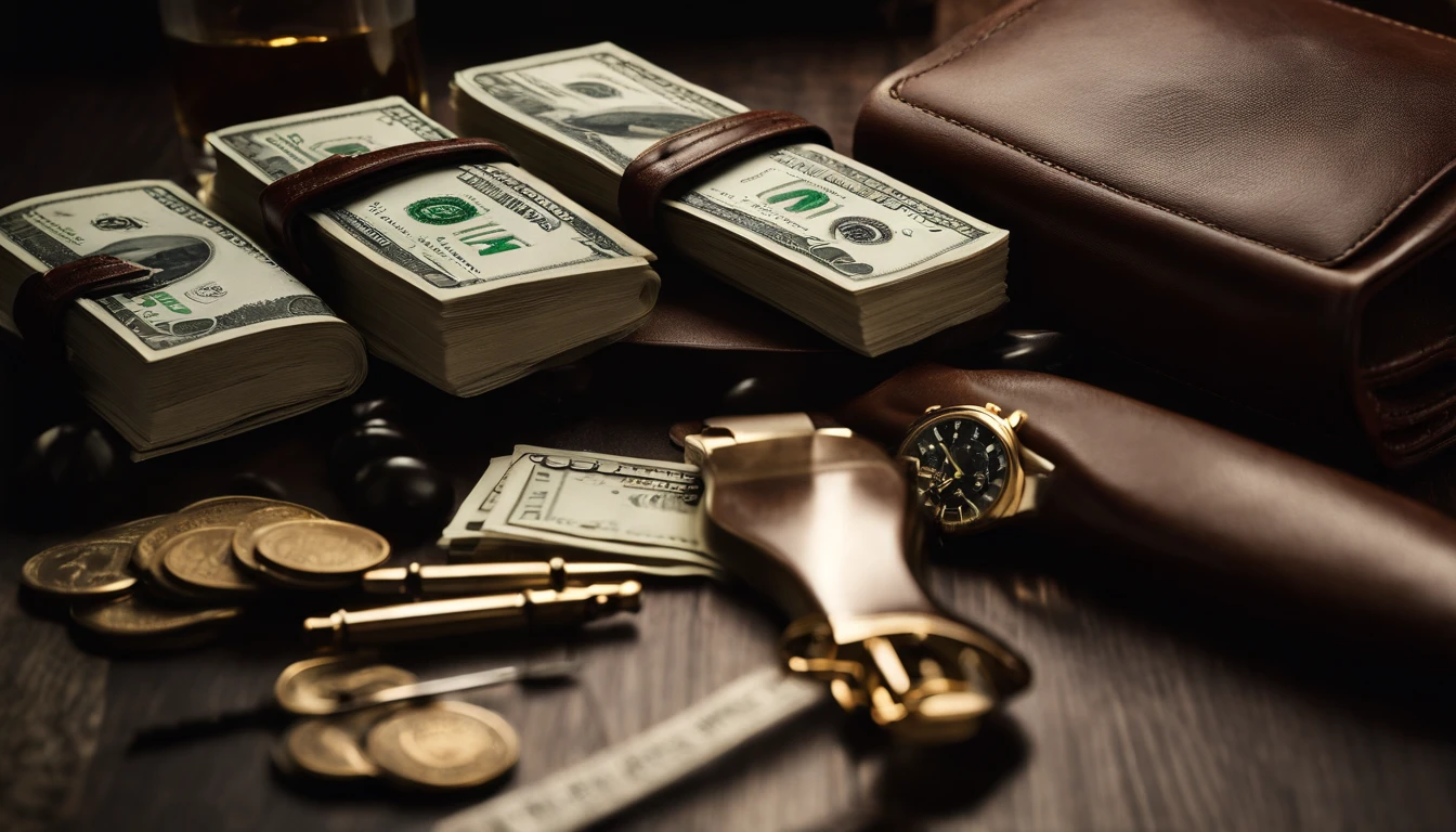 a still life shot of a one hundred dollar bill surrounded by luxury items, such as a high-end watch, a fountain pen, or a leather wallet, creating a visually striking composition that represents wealth and financial success