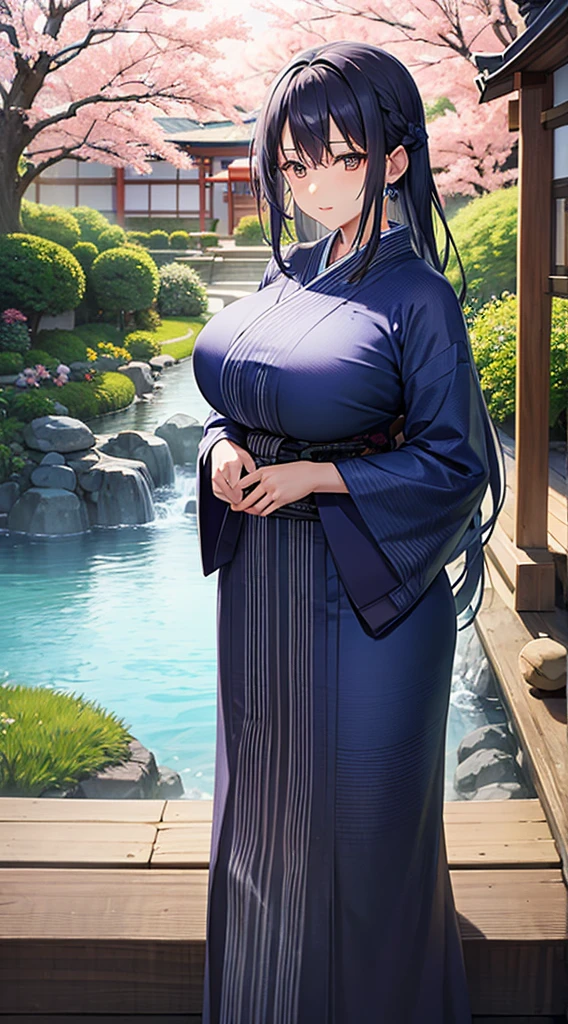 Indigo hair、Brown eyes、Blue kimono、Beautiful woman with big breasts、Japan garden in the background、