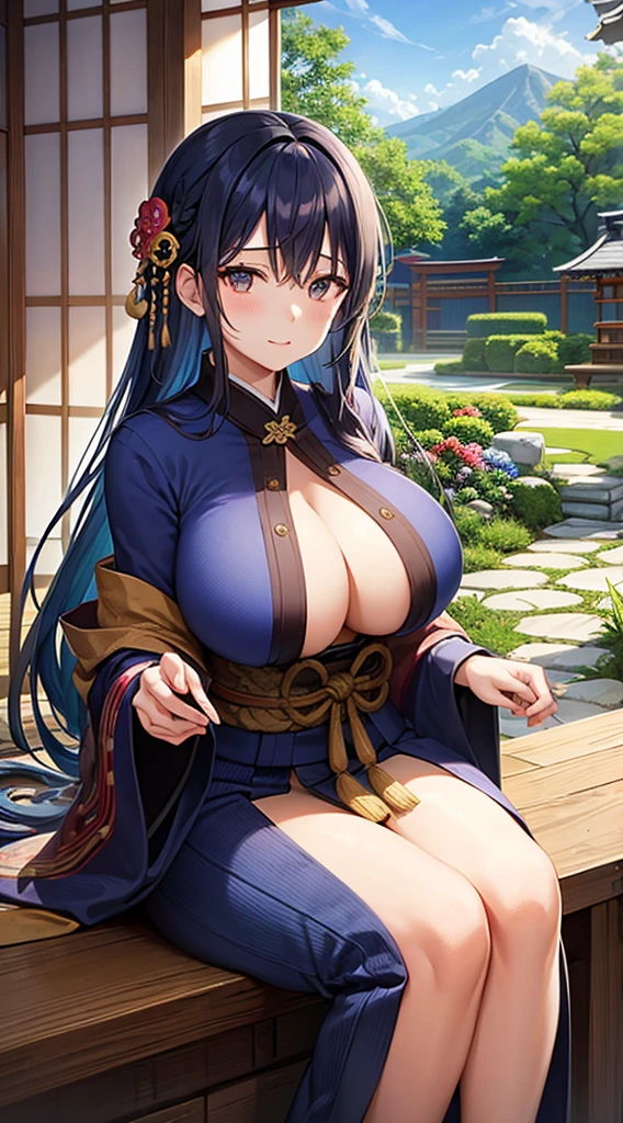 Indigo hair、Brown eyes、Blue kimono、Beautiful woman with big breasts、Japan garden in the background、