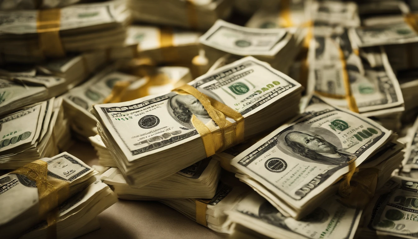 a top-down shot of a pile of one hundred dollar bills, neatly stacked or scattered randomly, creating a visually dynamic and enticing composition, symbolizing abundance and prosperity