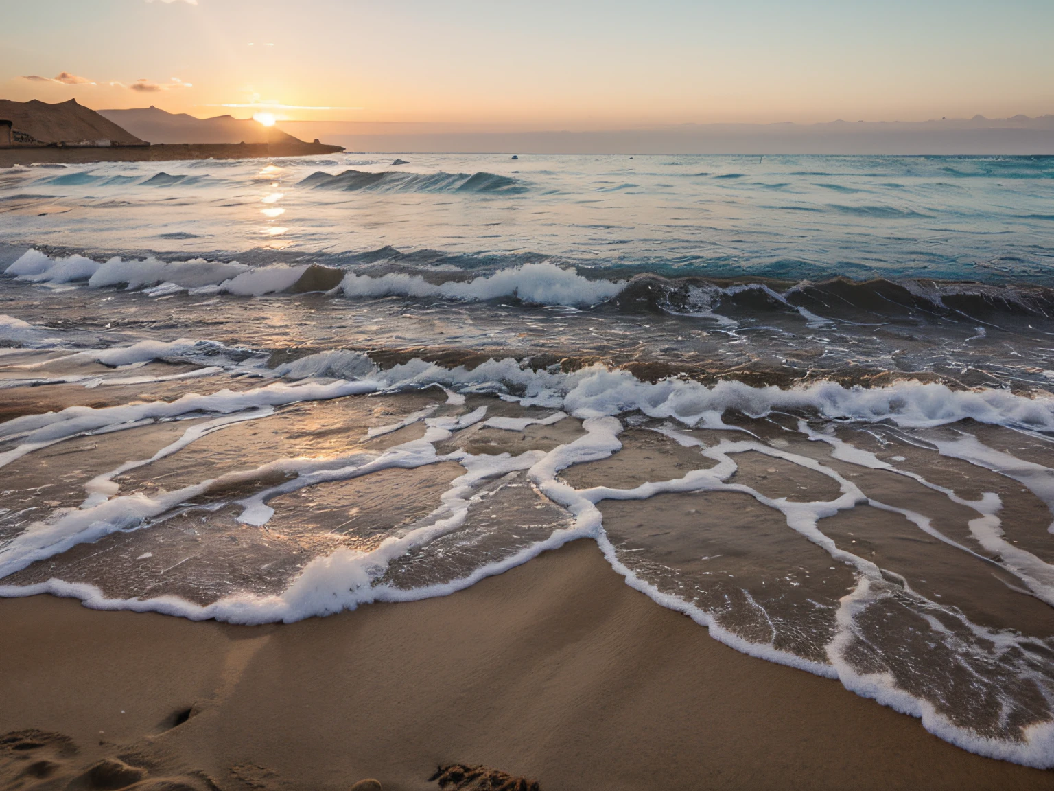 amanecer en una playa de agua calmada, media luna al fondo, arena blanca , y momentos de relax, alta calidad, detalles y alta resolucion