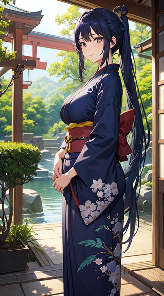 Indigo hair、Brown eyes、Blue kimono、Beautiful woman with big breasts、Japan garden in the background、
