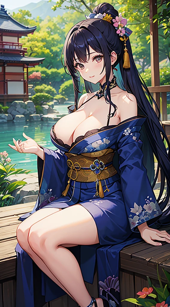 Indigo hair、Brown eyes、Blue kimono、Beautiful woman with big breasts、Japan garden in the background、