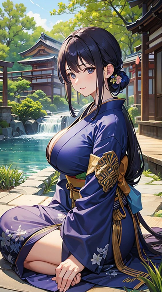 Indigo hair、Brown eyes、Blue kimono、Beautiful woman with big breasts、Japan garden in the background、