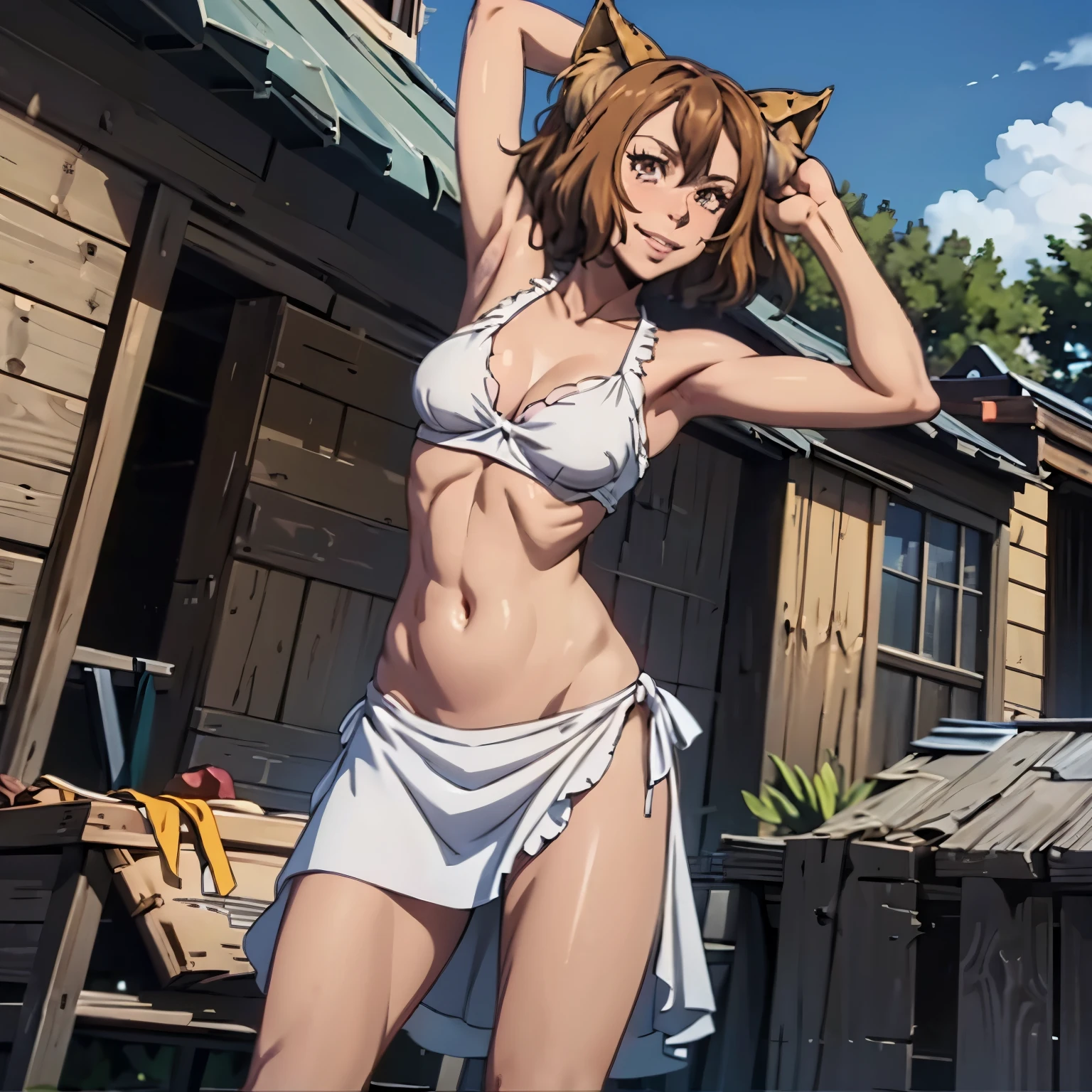 high quality, high resolution,  1girl, EruzaNakanishi, animal ears, apron, Brown eyes, brown hair, belly dancer suit, looking a viewer, Smile, solo, tail, cafe, bare shoulders, armpit, one arm up, see through clothes, transparent clothes.