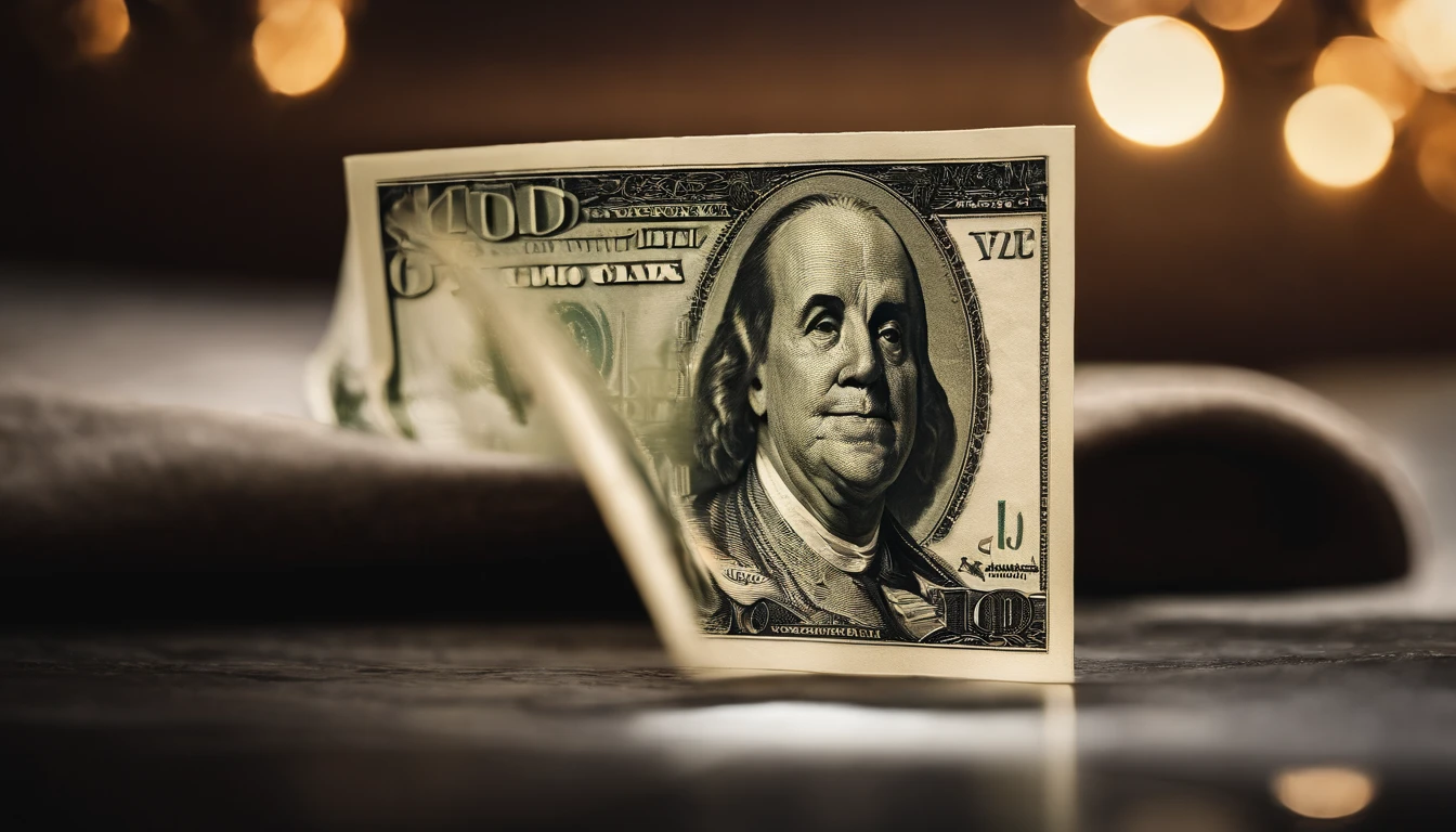 a creative shot of a one hundred dollar bill placed in a unique or unexpected context, such as being used as a bookmark, folded into an origami shape, or framed as an artwork, adding an element of surprise and creativity to the image