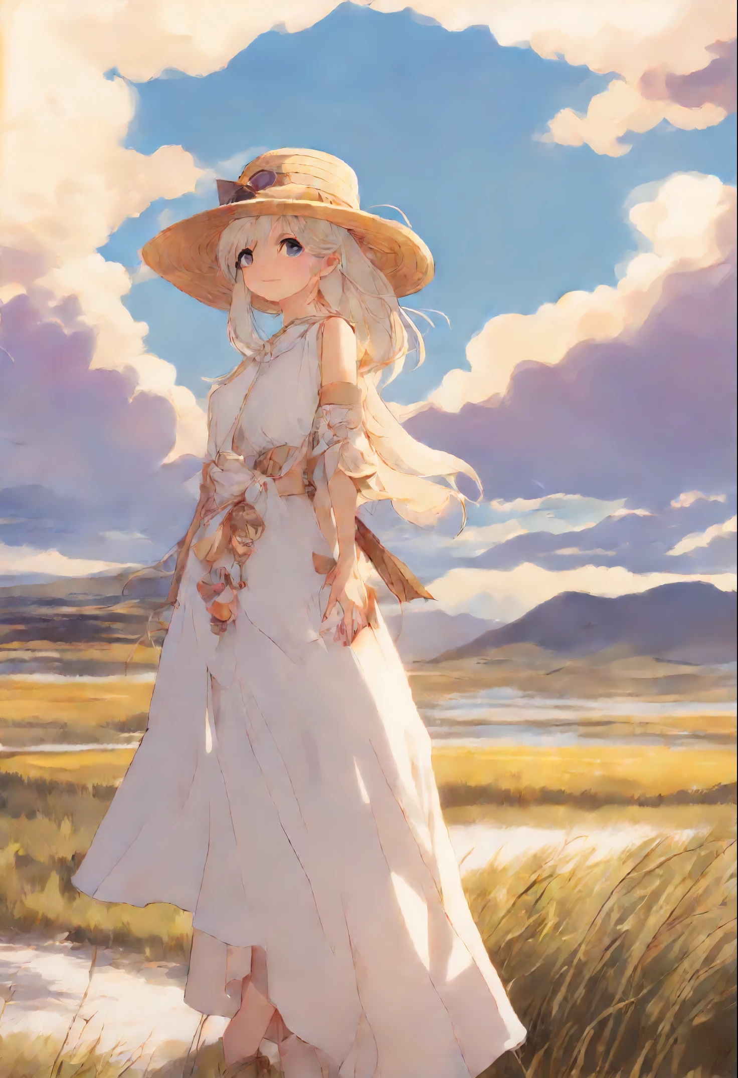1girl, Masterpiece, extremly detailed, (Beautiful detailed glow), lens flare, white colored hair, Short hair, Floating hair, Looking Back, At the back, Smile, blue eyes, whitedress, Average Breasts,, upper-body, wideshot, straw hat, ((Uyuni Salt Marsh)), sun rising, Clouds, Backlighting, Purple sky, yellow sky, gradient sky, Hands on the hat