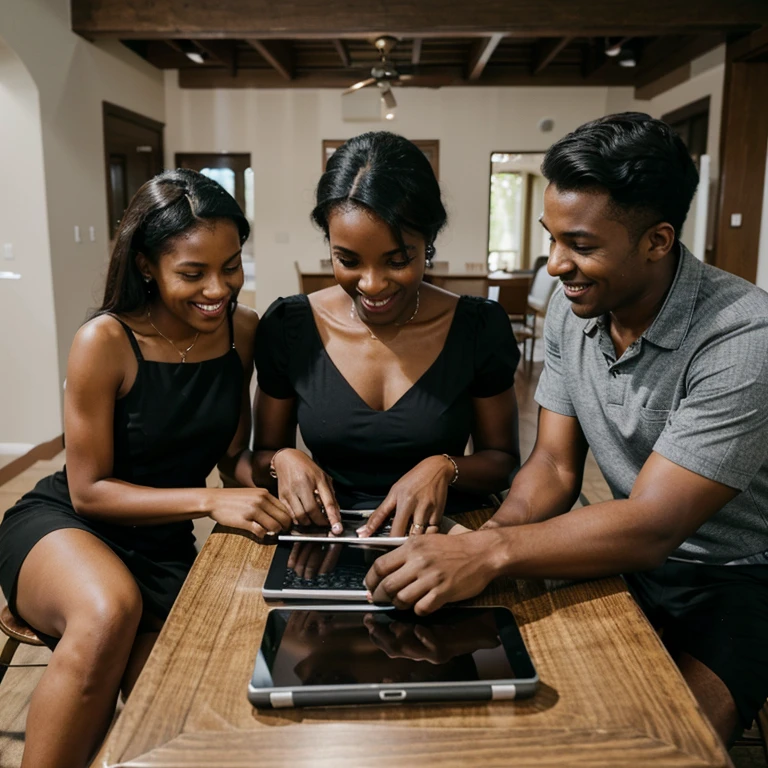 A dark-skinned family sitting around a table, using electronic devices. Father is sitting at the table using a laptop, mother is sitting next to him using a tablet, and the son and daughter are sitting on chairs using tablets. The family is smiling and having fun, the mother is dressed in a black dress.