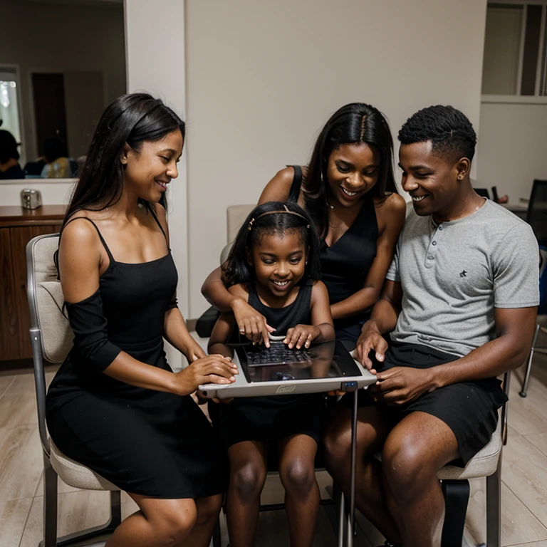 A dark-skinned family sitting around a table, using electronic devices. Father is sitting at the table using a laptop, mother is sitting next to him using a tablet, and the son and daughter are sitting on chairs using tablets. The family is smiling and having fun, the mother is dressed in a black dress.