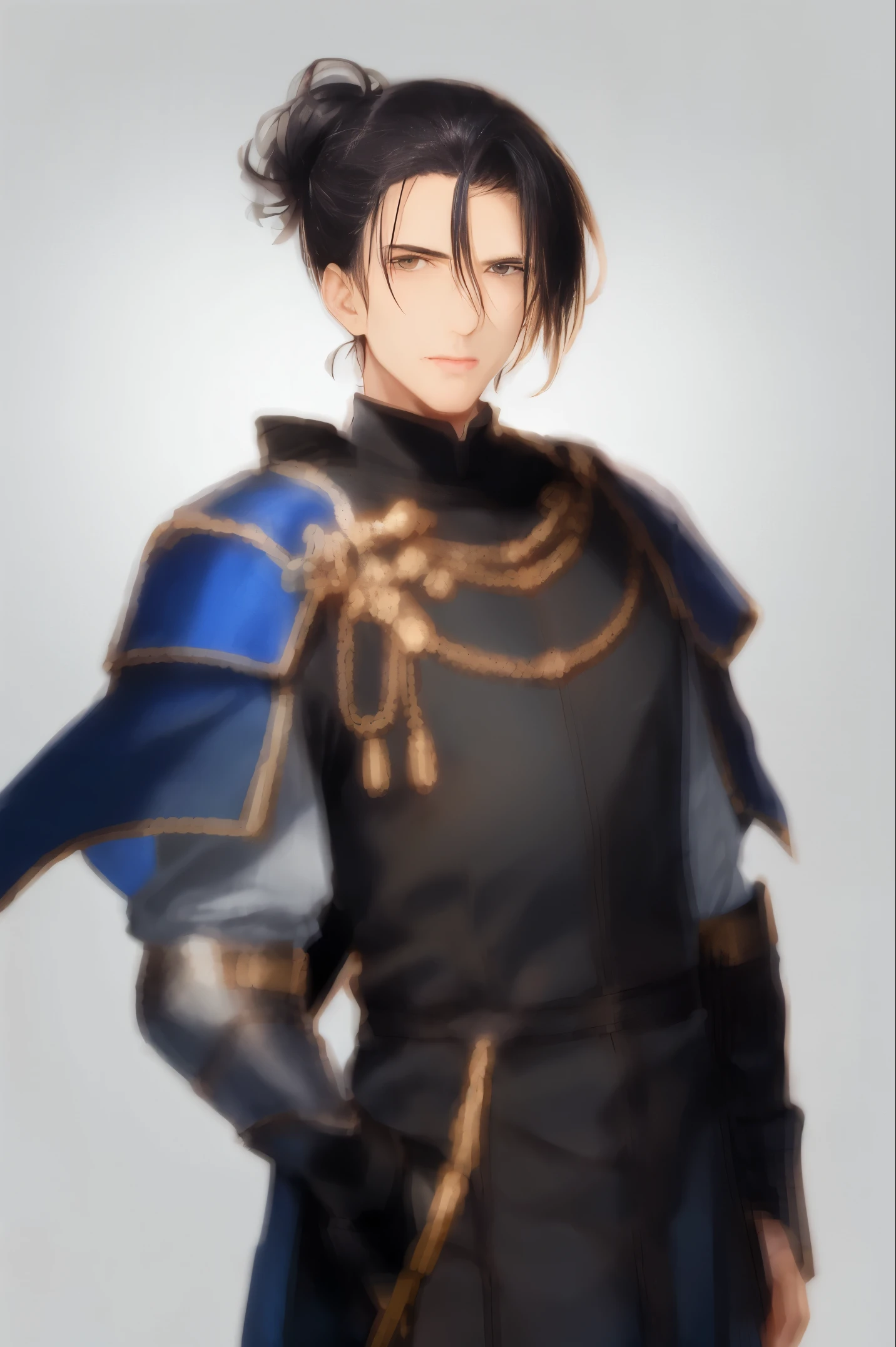 there is an illustration of an older man with his hair done up looking like a knight, 1boy, male focus, solo, black hair