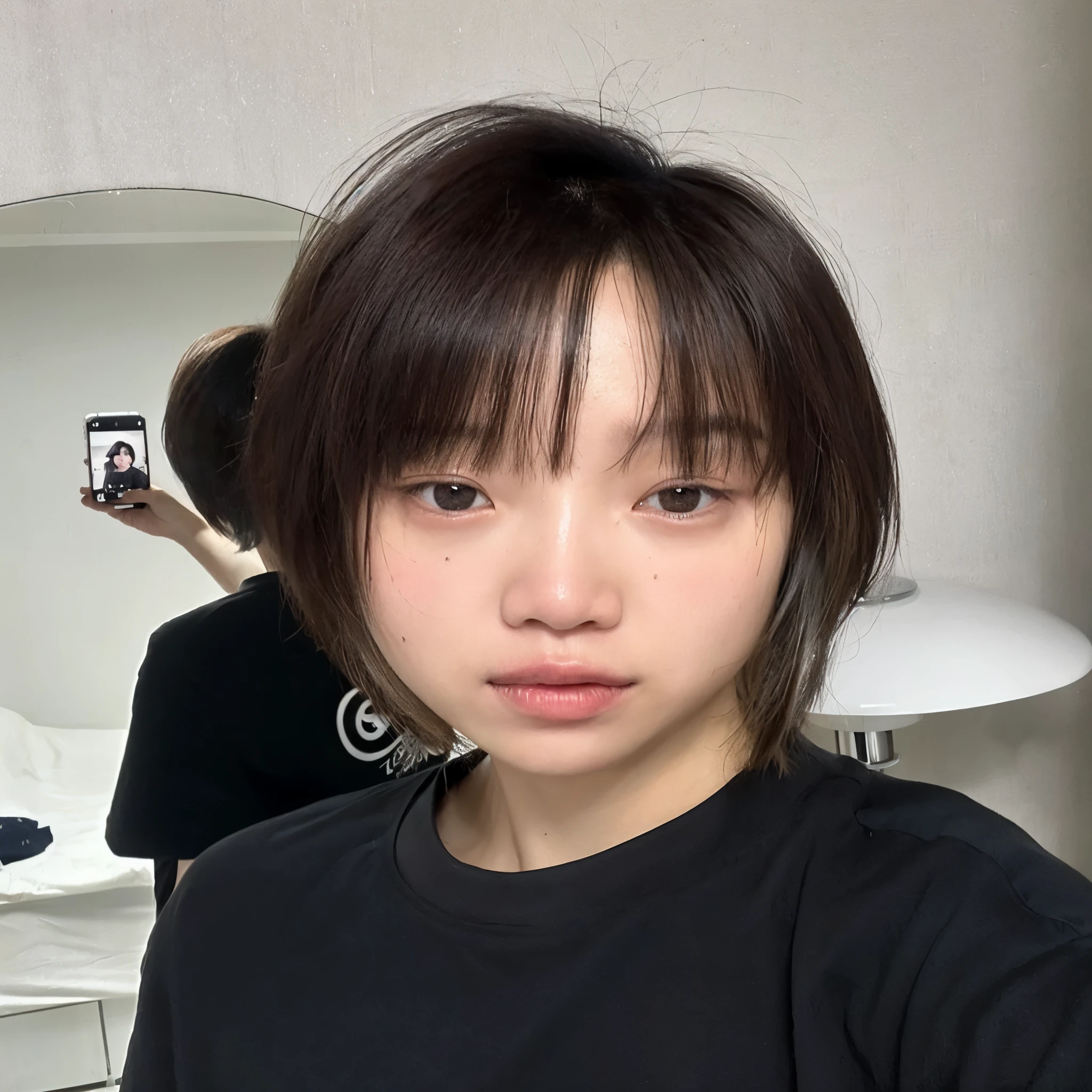 there is a woman taking a selfie in a mirror, com cabelos curtos, O corte Hime, korean symmetrical face, Dom Yunjoo, com franja, Heonhwa Choe, she has black hair com franja, Jinyoung Canela, Jaeyeon Nam, com rosto redondo, testa larga, neat hair com franja, com cabelos curtos com franja, Ulzzang