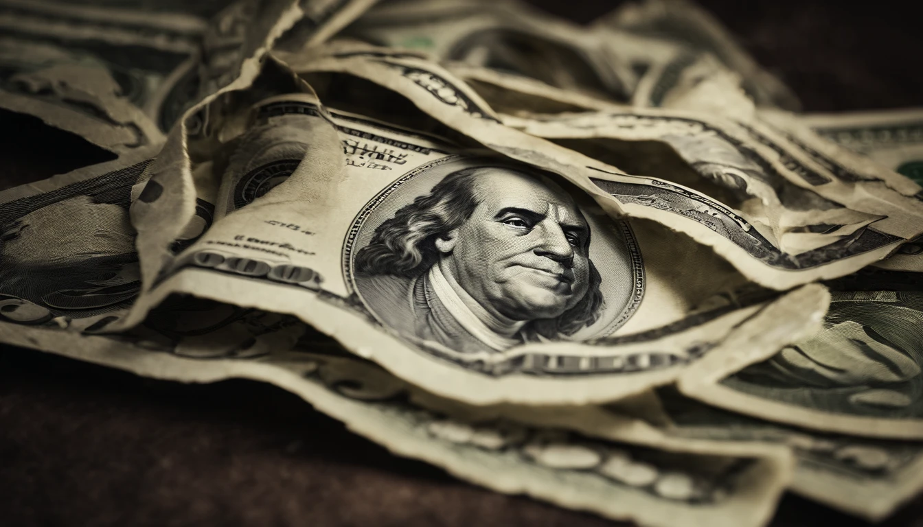 an abstract shot of a one hundred dollar bill torn or ripped into pieces, with the fragments scattered or arranged in an artistic pattern, symbolizing the fragility or transience of wealth and finance