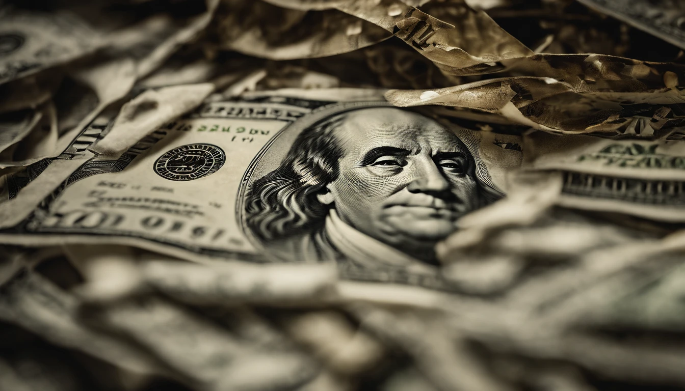 an abstract shot of a one hundred dollar bill torn or ripped into pieces, with the fragments scattered or arranged in an artistic pattern, symbolizing the fragility or transience of wealth and finance