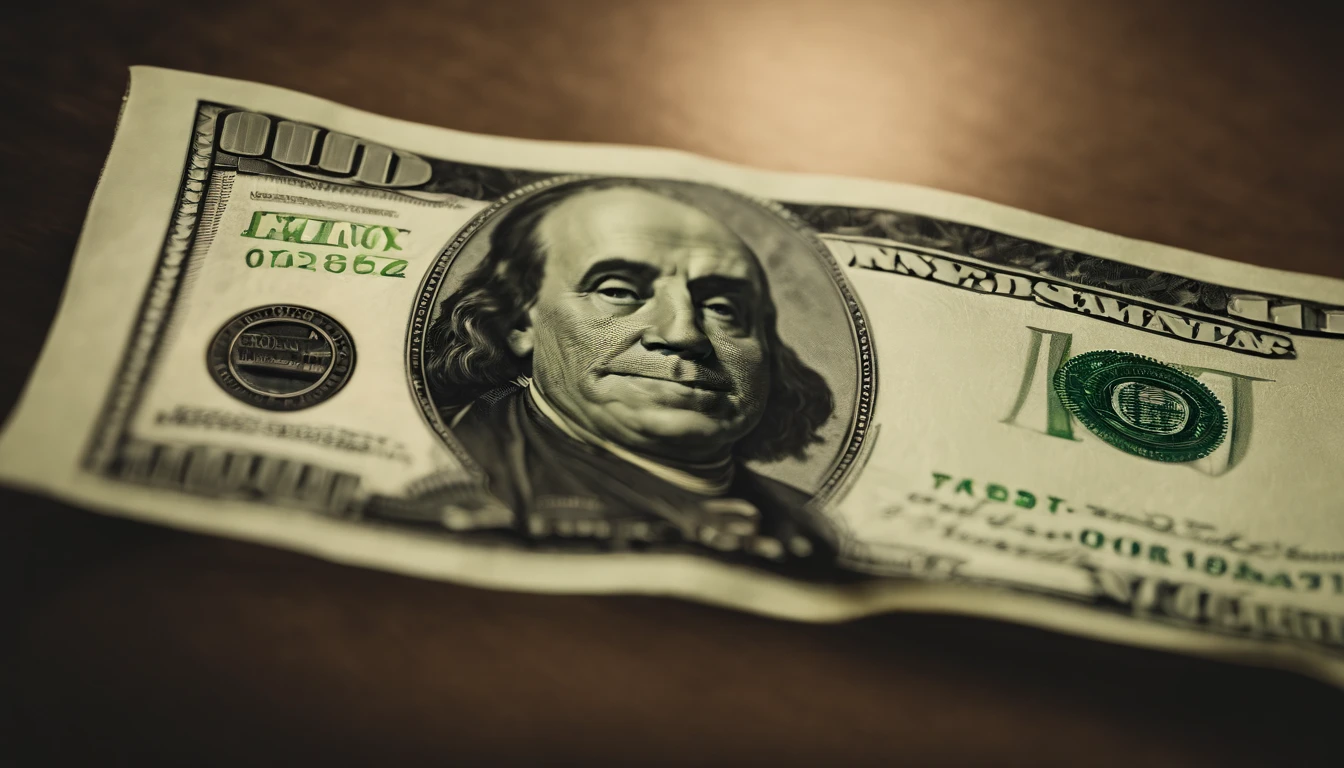 a high-angle shot of a one hundred dollar bill on a reflective surface, capturing the reflection and emphasizing the value and importance associated with money and finance