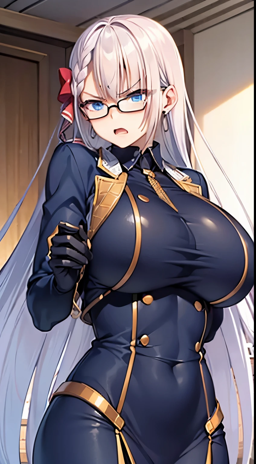 1 milf, long hair, very big breasts, very sexy body, wearing a glasses, angry face, naked