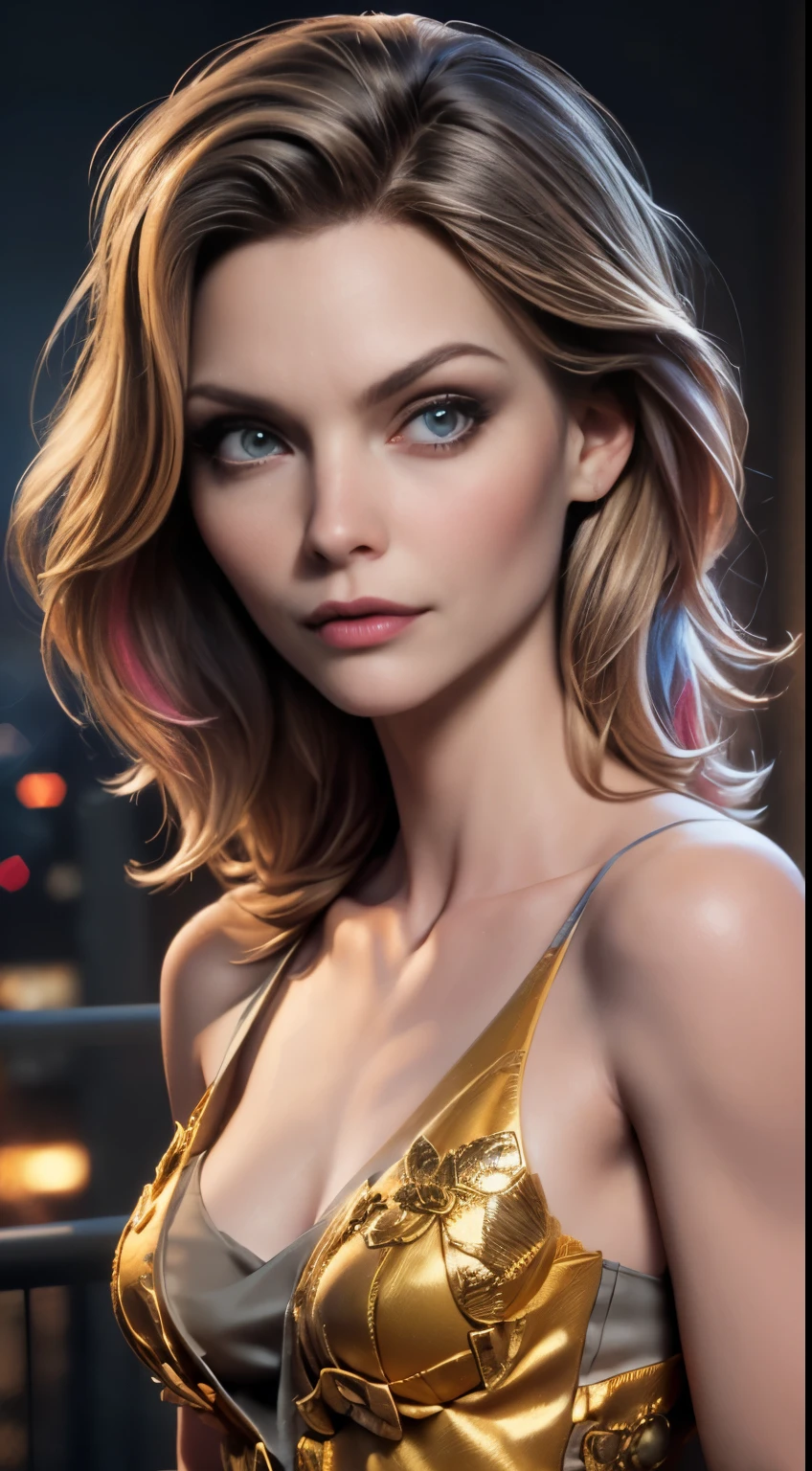 photo of Michelle Pfeiffer, RAW, beautiful woman, ((portrait)), ((detailed face:1.2)), ((detailed facial feature, detailed skin, clear skin), (perfect proportioned body), (wearing a colorful dress) (high detailed city environment, apartment balcony), (realistic photo, best quality, detailed), (8k wallpaper), (cinematic lighting, dramatic lighting) (sharp focus, intricate)