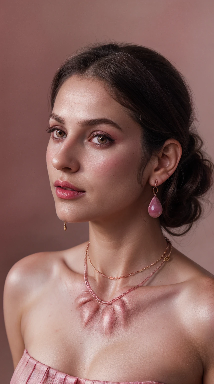 Pink Salwar Kameez, (RAW photo, realism: 1.8), (very dark pink lip gloss, jet dark pink lipstick, realistic eyelashes, dark brown eye shadow, shy, blushing, high quality, high resolution, depth of field, chromatic aberration, caustic, wide light, natural colors, 30 year old woman), necklaces, chokers, earrings, bracelets, wear delicate accessories, soft skin fair pink skin, small breasts size, oily shine skin, slime nose soft skin, wears small golden nose pin,