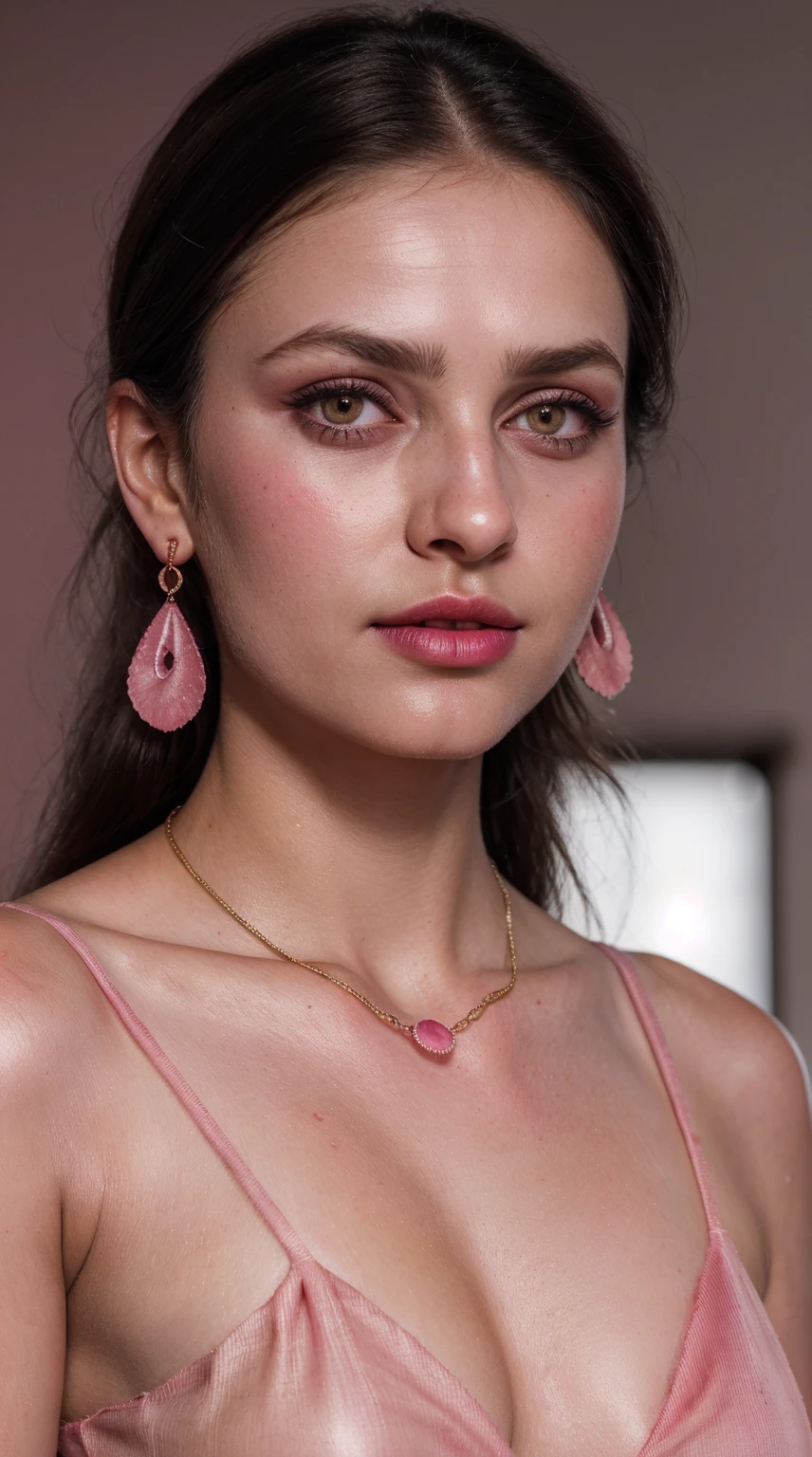 Pink Salwar Kameez, (RAW photo, realism: 1.8), (very dark pink lip gloss, jet dark pink lipstick, realistic eyelashes, dark brown eye shadow, shy, blushing, high quality, high resolution, depth of field, chromatic aberration, caustic, wide light, natural colors, 30 year old woman), necklaces, chokers, earrings, bracelets, wear delicate accessories, soft skin fair pink skin, small breasts size, oily shine skin, slime nose soft skin, wears small golden nose pin,