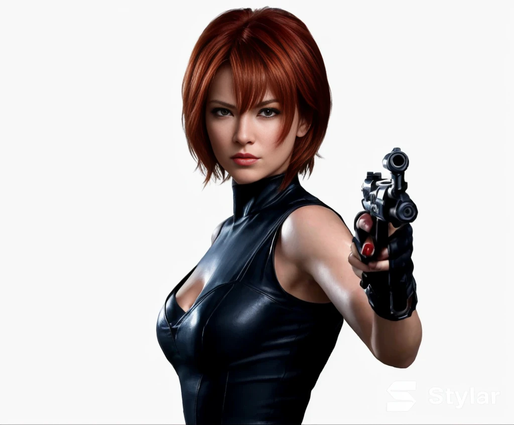 "REGINA", "DINO CRISIS GAME" quality, atlas, alta resolução (4k, 8k), retrato detalhado, rosto bonito e detalhado, rosto delicado, medium brown eyes, Corpo Perfeito, soft lighting, vivid colors, angry expression, cabelo vermelho