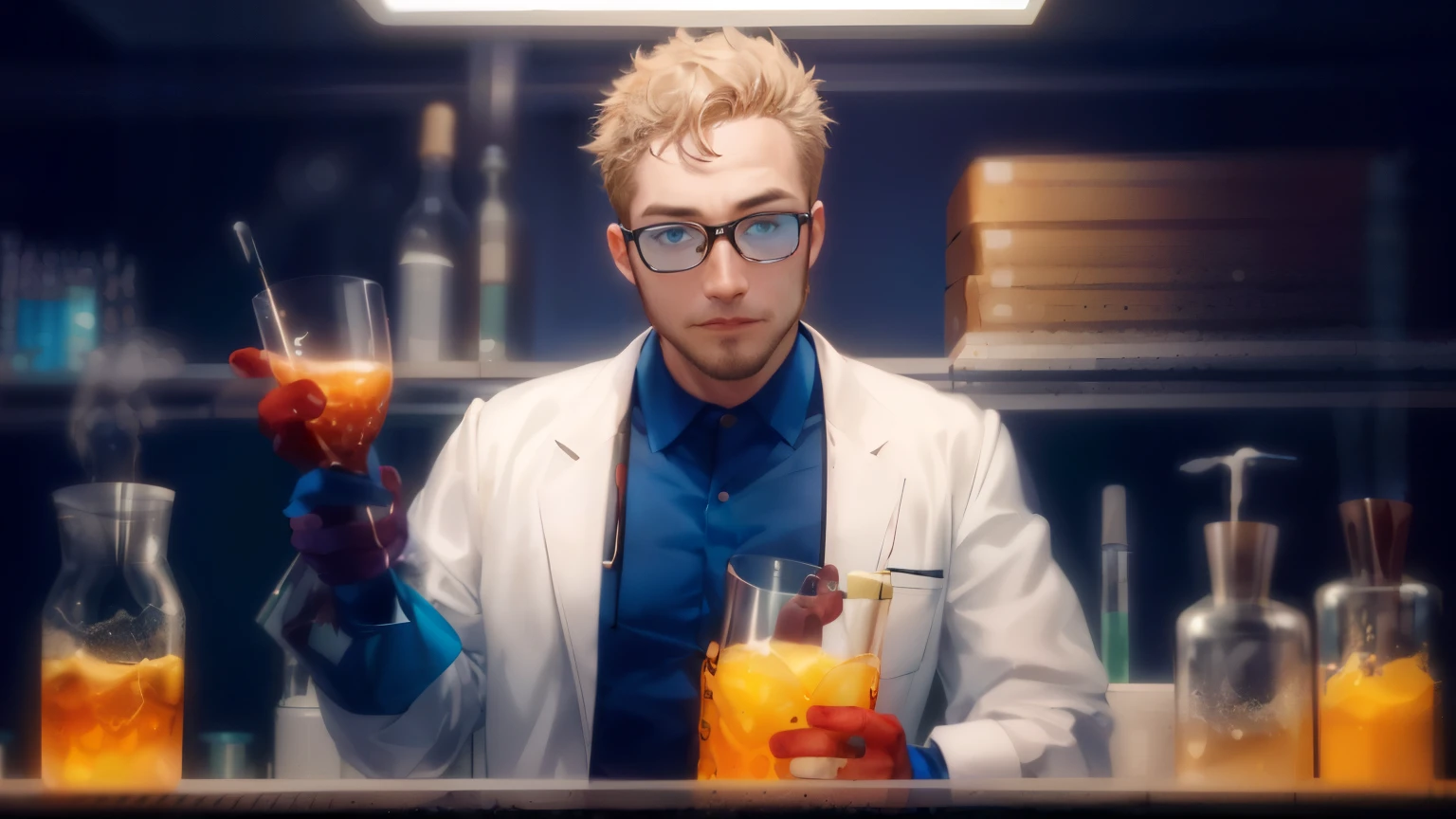 Arafed man in the lab holding a glass of liquid inside, he is in a alchemist lab, mad Scientist working, portrait of a rat mad Scientist, poetic sequence in mr. clean, russian lab experiment, elite Scientist, Portrait of a Hydromancer Man, Scientist, in the underground laboratory, foxish guy in a lab coat, molecular