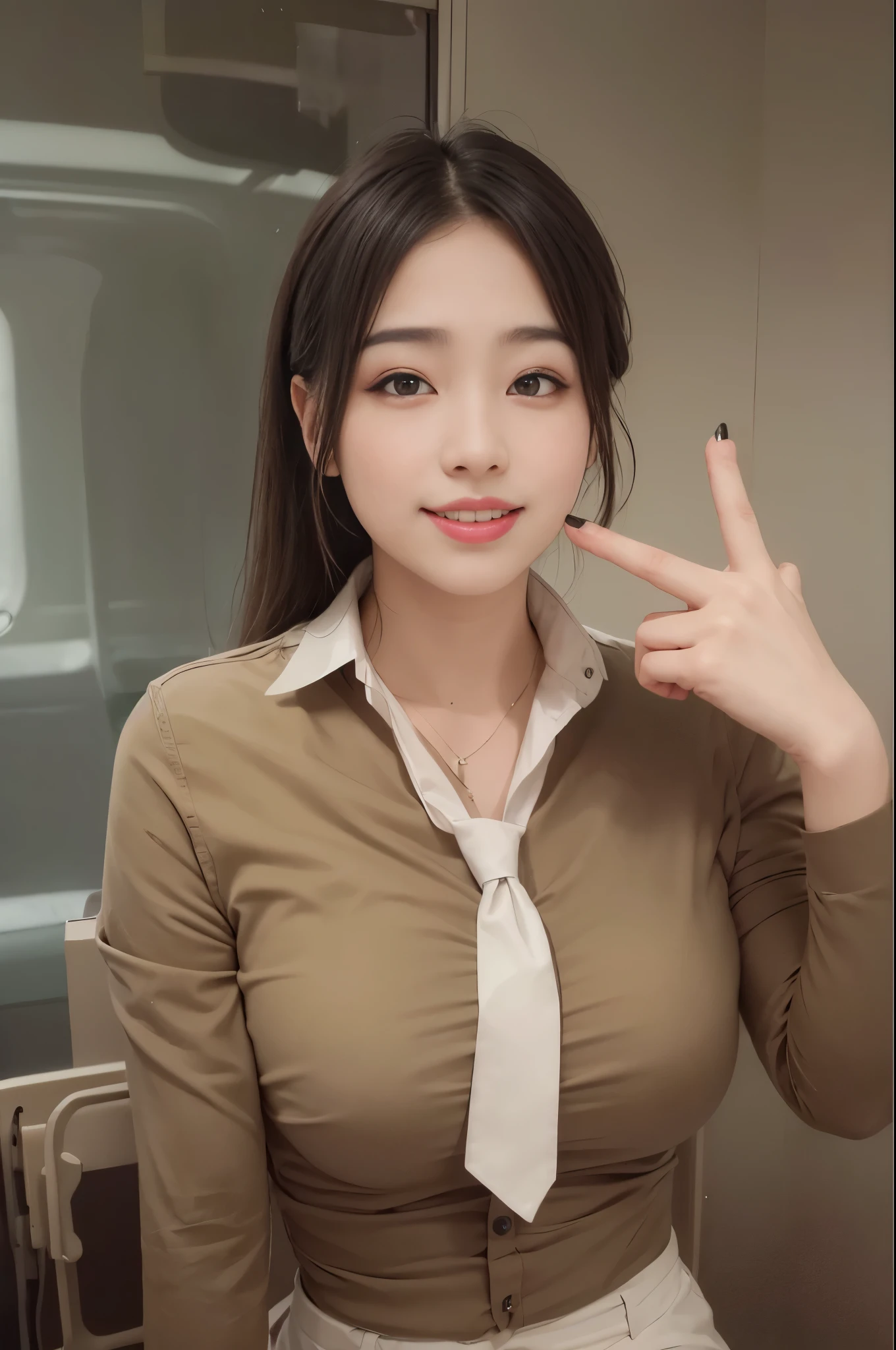 ((Realistic lighting、top-quality、8K、tmasterpiece:1.3))、Clear focus:1.2、1girl in、A Beautiful Woman with Perfect Figure:1.4、Highly detailed facial and skin texture、com rosto detalhado、Detailed lips、A detailed eye、二重まぶた、Brown hair、eyeline、eye shadows、Makeup、Tight clothes、(shirts、A miniskirt:1.1)、(huge-breasted:1.2)、nedium breasts、sit on chair、On the train、