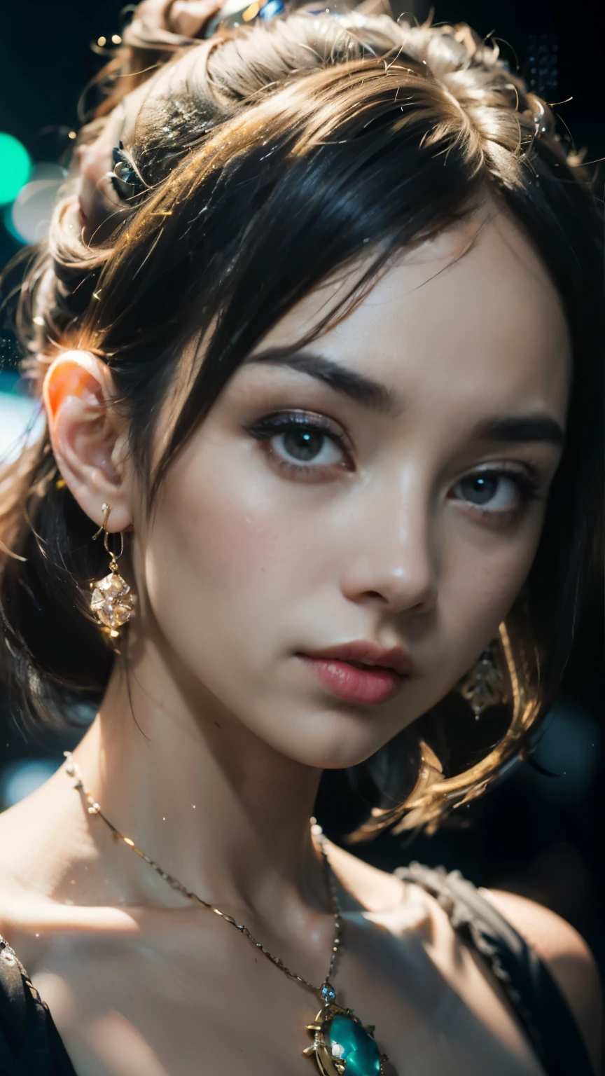 Masterpiece, Best Quality, illustartion, Saxophone blue, Platinum earrings, Platinum necklace, whitedress, 1girl, Cute, (dinamic lighting:1.2), Cinematic lighting, delicate facial features, 詳細な目, Sharp pupils, Realistic pupils, Depth of field, bokeh, sharp-focus, (hyper-detailed, bloom, Glow:1.4), Lots of small gemstones