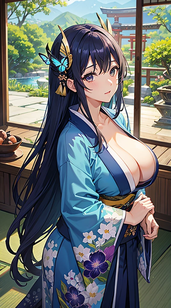 Indigo hair、Brown eyes、Blue kimono、Beautiful woman with big breasts、Japan garden in the background、A slightly fluffy kimono、anti-soul butterfly、