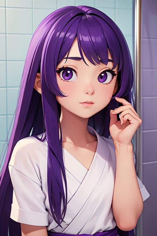 ((bestquality)), ((masterpiece)), (Detailed), perfect face,Small eyes,The nose looks sharp and sharp.,small mouth,Japanese girl with a young face,Highlighted hairstyle,very long hair((white purple)),naked,Stand in the shower facing straight.