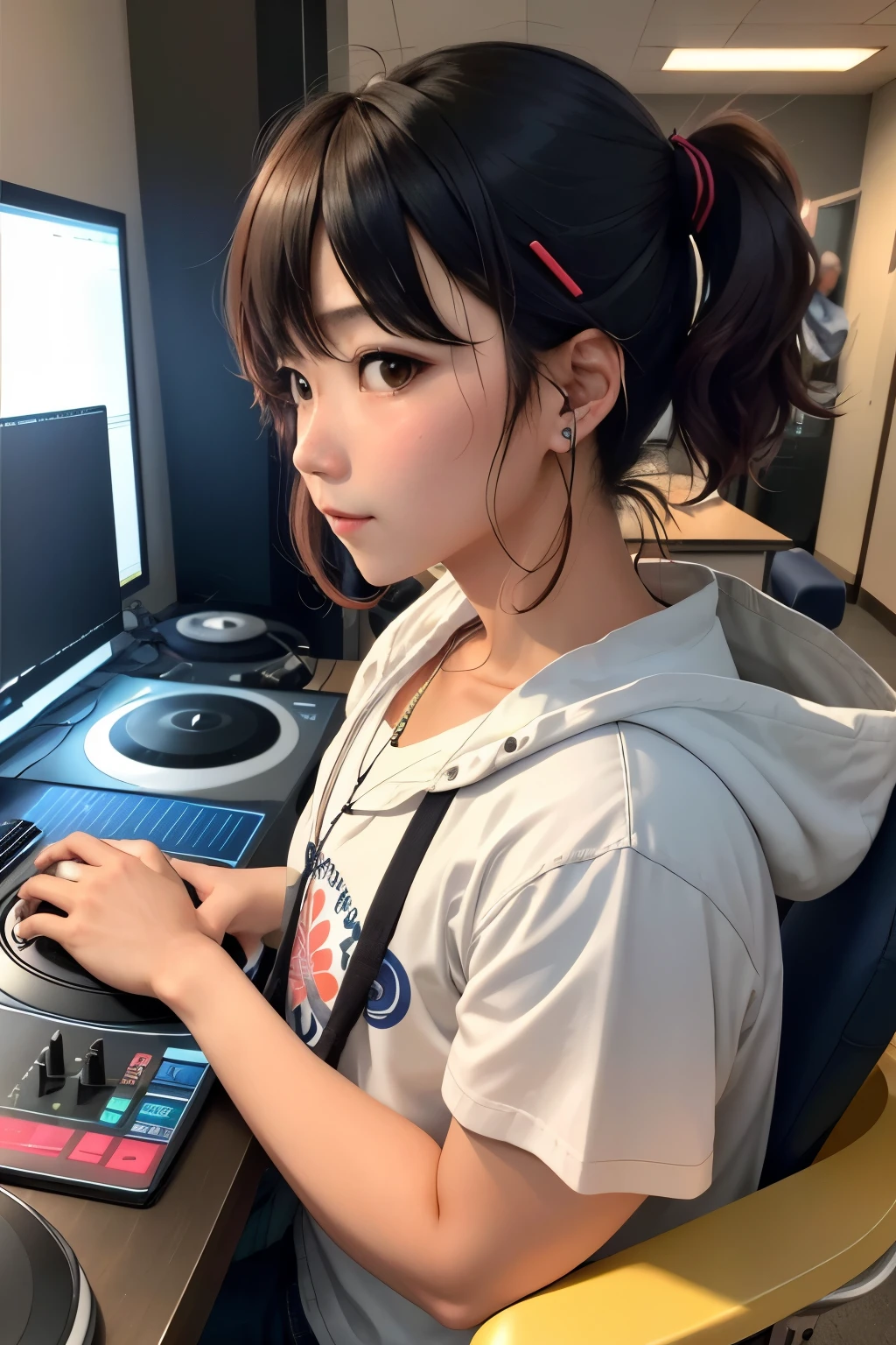 Crie uma foto de perfil para Eisuke Kawakami。Ele costumava ser DJ.、Atualmente, I am working as an entrepreneur in a human resources company。Seus dias agitados々Para expressar o、It would be nice to have a busy office experience or work figure。Her expression is adorable when portrayed as serious, mas confiante。tou、Incorporating elements from his DJ days、Seria bom se equipamentos musicais, como fones de ouvido e toca-discos, fossem colocados ao redor。Dias ocupados々Create a profile photo that conveys your passion and talent。