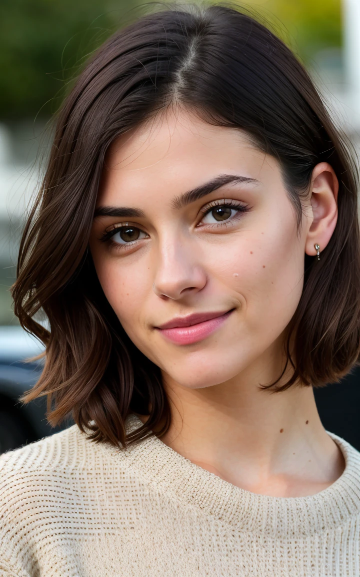 beautiful brunette wearing light beige sweater, very detailed, 30 years old, innocent face, black short wavy hair, brown eyes, high resolution, masterpiece, best quality, intricate details, highly detailed, sharp focus, detailed skin, realistic skin texture, texture, detailed eyes, professional, 4k, charming smile, shot on Canon, 85mm, shallow depth of field,  kodak vision color, perfect fit body, extremely detailed, foto_\(ultra\), photorealistic, realistic, post-processing, maximum detail, roughness, real life, ultra realistic, photorealism, photography, 8k uhd, photography