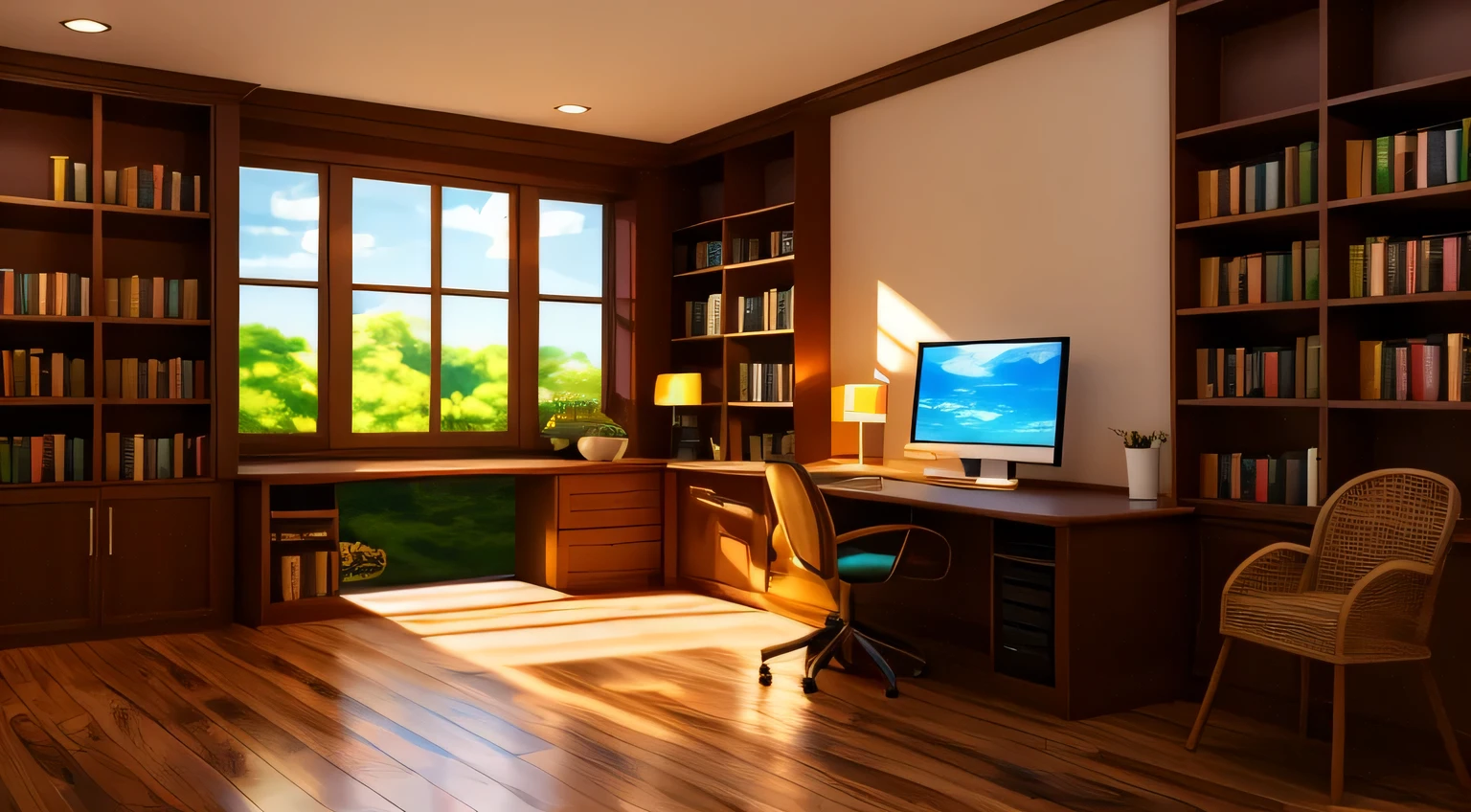 sala de estudos, mesa, computador, monitorar bela imagem da natureza, estante, disco Rigido, alta qualidade, best quality, Altas, alta qualidade, Detalhes altos, master part, estilo anime, anime