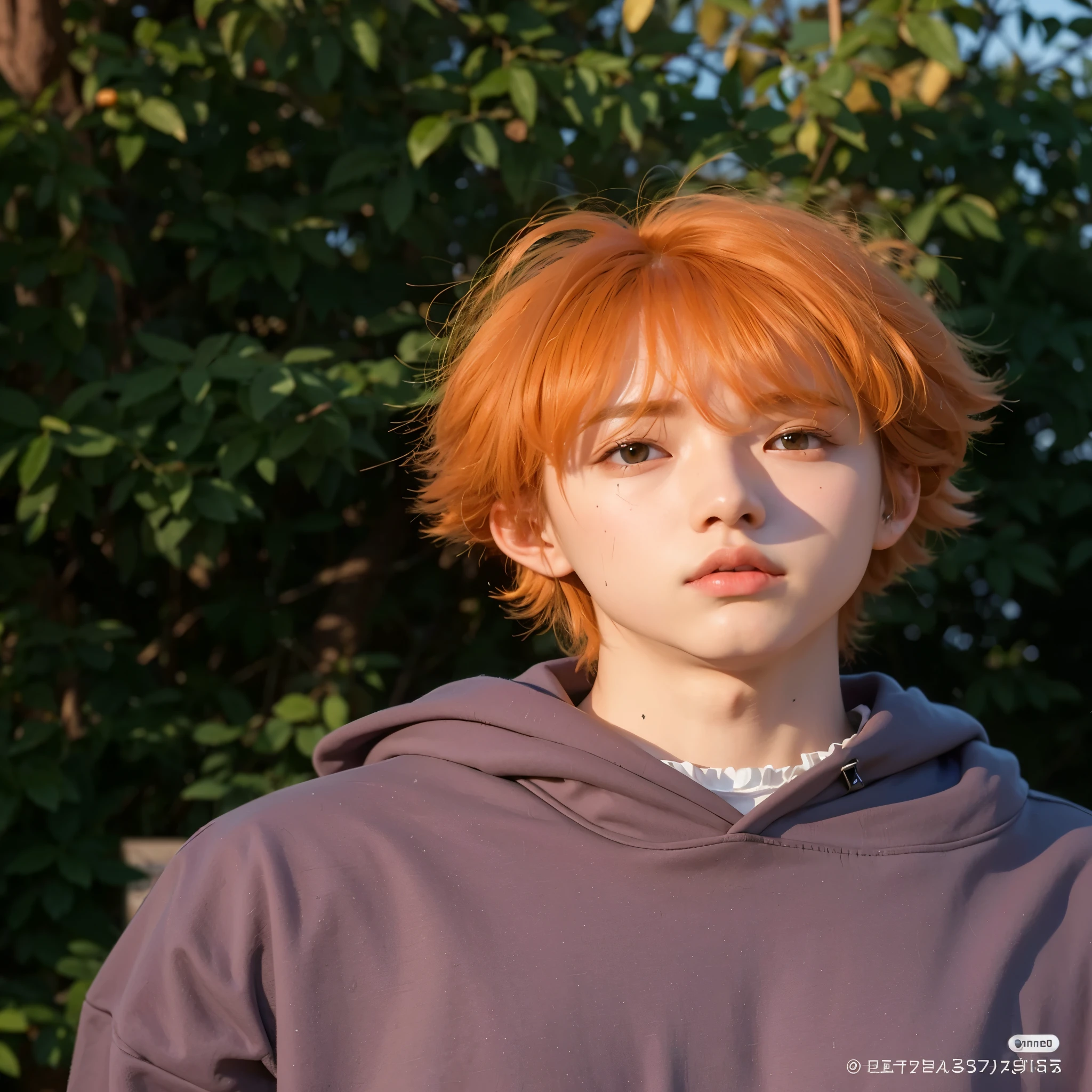 a close-up of a person wearing a hoodie and a tree in the background, Cai Xukun, Orange - Chico de anime peludo, Kim Doyoung, inspirado por Bian Shoumin, Jinyoung Shin, Ulzzang masculino, Hyung Tae, chico pelirrojo, con el pelo corto, Sr. Bestia, Hong June Hyung, Foto de perfil de la foto de cabeza, inspirado en Kun Can