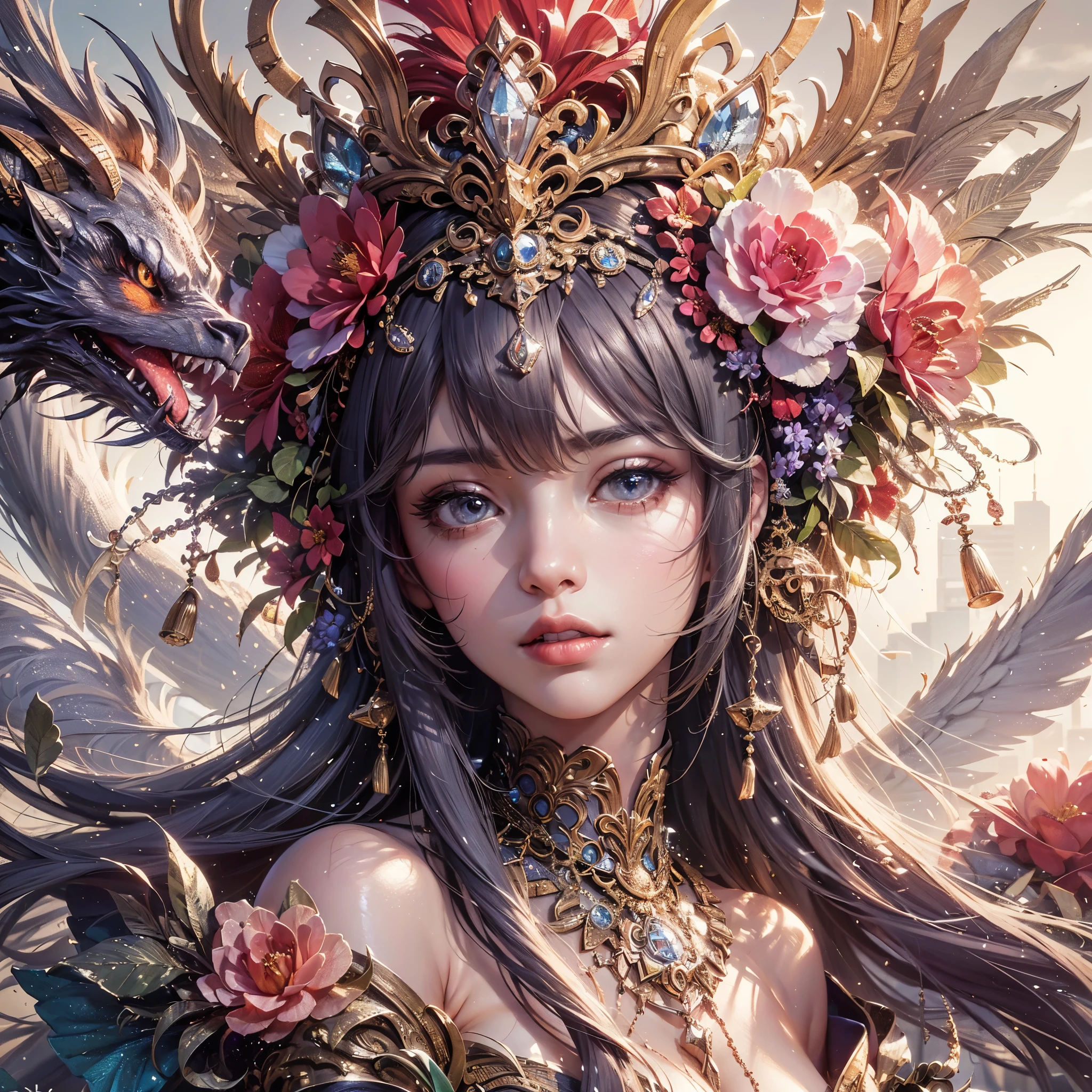 a painting of a woman large breast with flowers in her hair, a beautiful fantasy empress, beautiful gorgeous digital art, gilded lotus princess, beautiful art uhd 4 k, gorgeous digital art, a beautiful artwork illustration, beautiful digital art, portrait of a beautiful goddess, beauty woman, very beautiful digital art, exquisite digital illustration, beauty woman with detailed faces, 4k highly detailed digital art masterpiece, best quality:1.2),,(8k,highres,RAW photo,realistic,photo-realistic:1.3),(detailed skin texture,detailed cloth texture,beautiful detailed face:1.25),professional lighting,photon mapping,beautiful soft light,radiosity,physically-based rendering,raytracing, model shoot style, model shoot style, (extremely detailed CG unity 8k wallpaper), full shot body photo of the most beautiful artwork in the world,