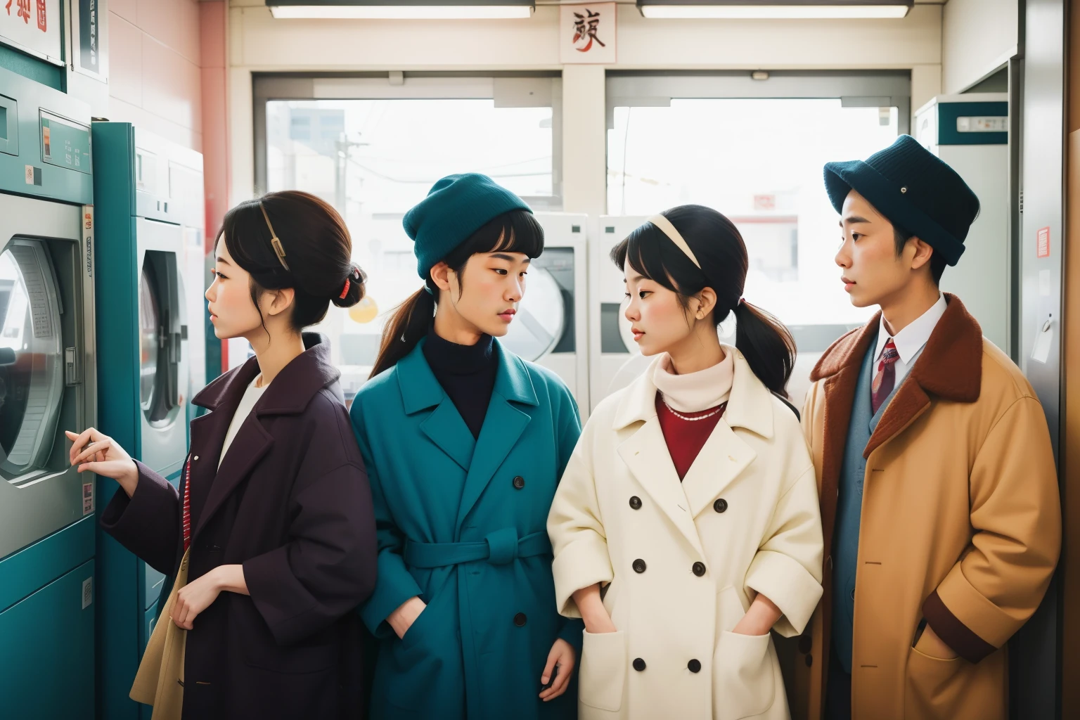 February 2023. Laundromat Adventures in Tokyo, Japan.

Description: A group of friends in retro-inspired winter coats gathers at a Tokyo laundromat. Each person, with distinct hairstyles and accessories, adds their touch to the February laundry day scene.