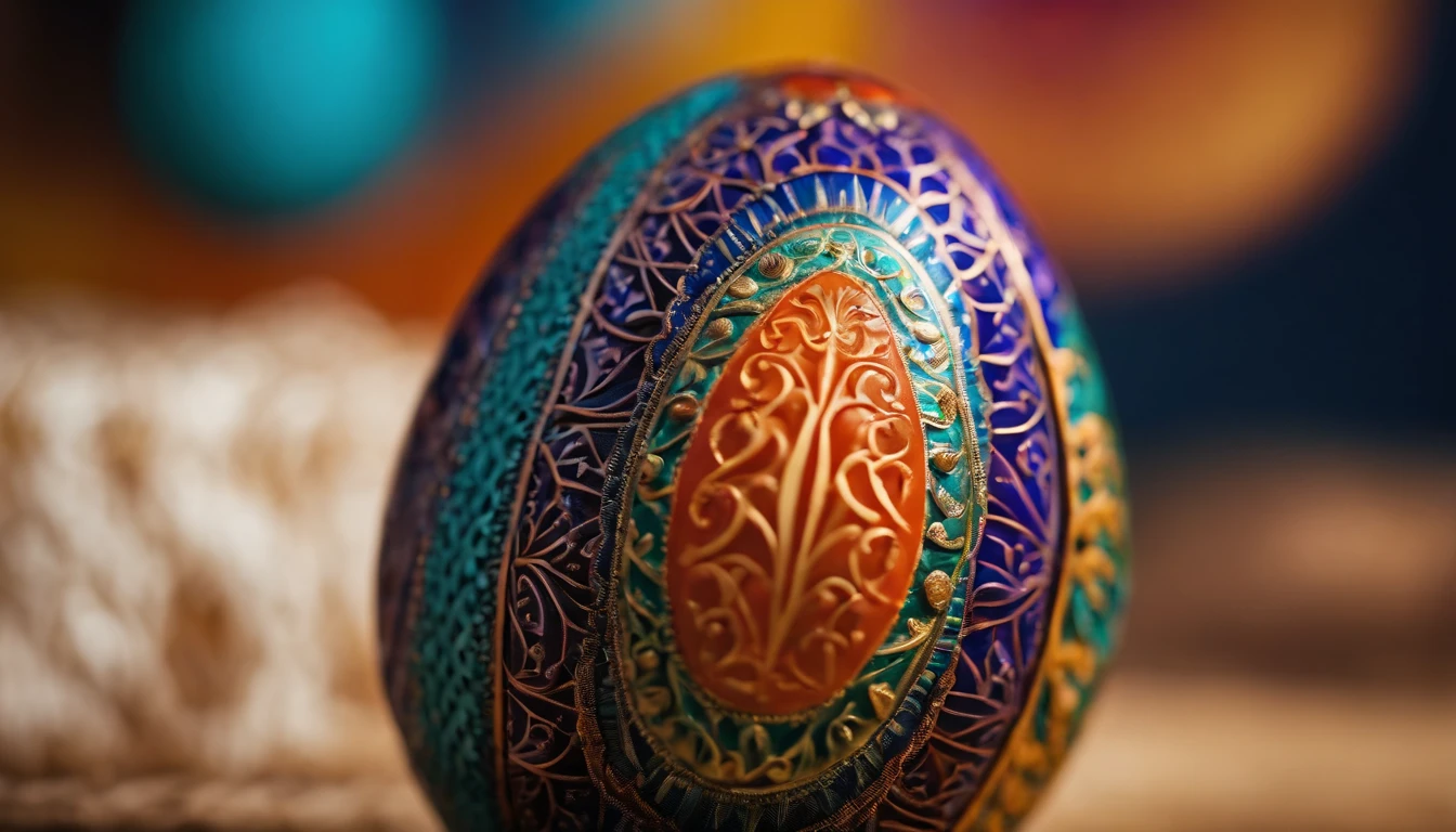a vibrant close-up shot of a colorful Easter egg against a bold background, with the egg’s intricate patterns and designs standing out, creating a visually striking and festive composition
