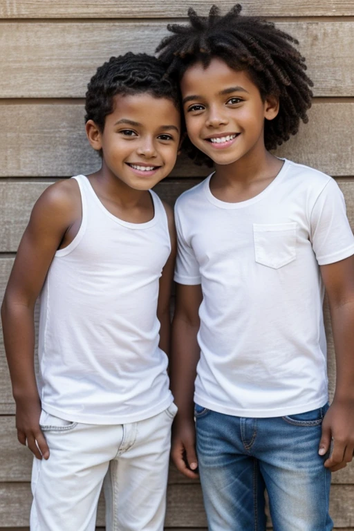 two children, ******s negros, dez anos, wearing white t-shirt and jeans, imagem de corpo inteiro, background branco, sorridentes, dentes perfeitos, camera lente 24mm, image from a distance