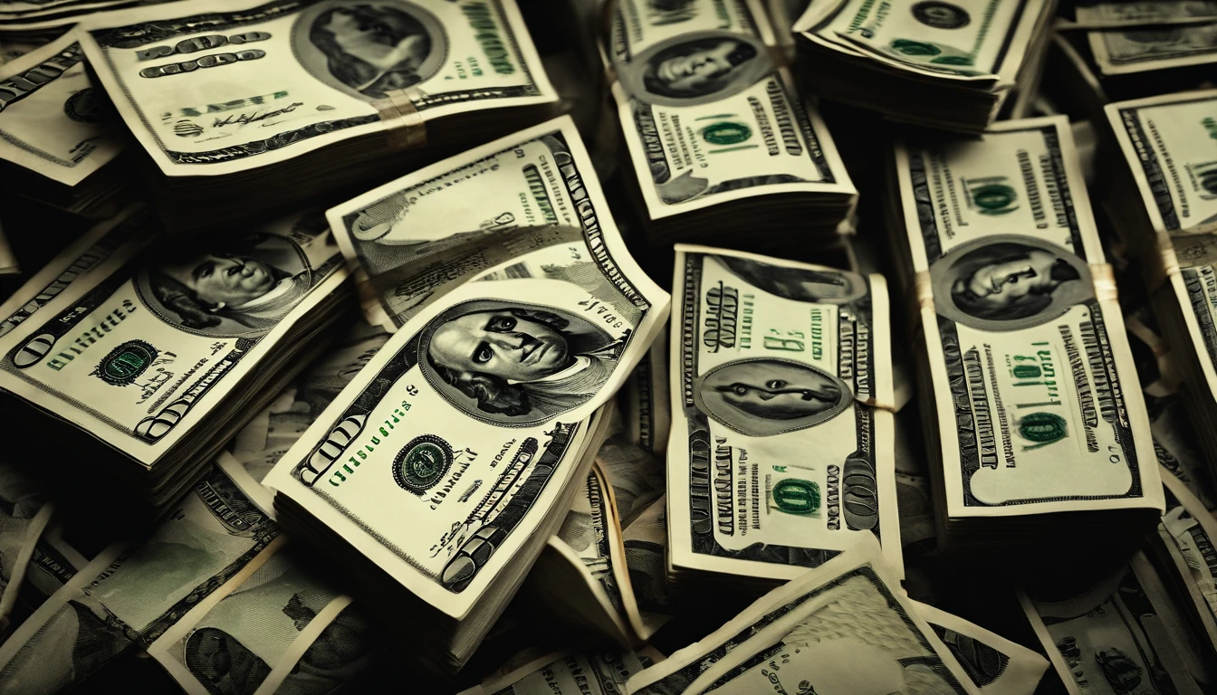 a top-down shot of a pile of one hundred dollar bills, neatly stacked or scattered randomly, creating a visually dynamic and enticing composition, symbolizing abundance and prosperity