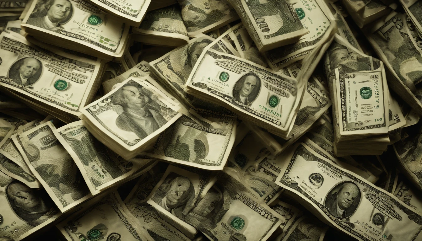 a top-down shot of a pile of one hundred dollar bills, neatly stacked or scattered randomly, creating a visually dynamic and enticing composition, symbolizing abundance and prosperity