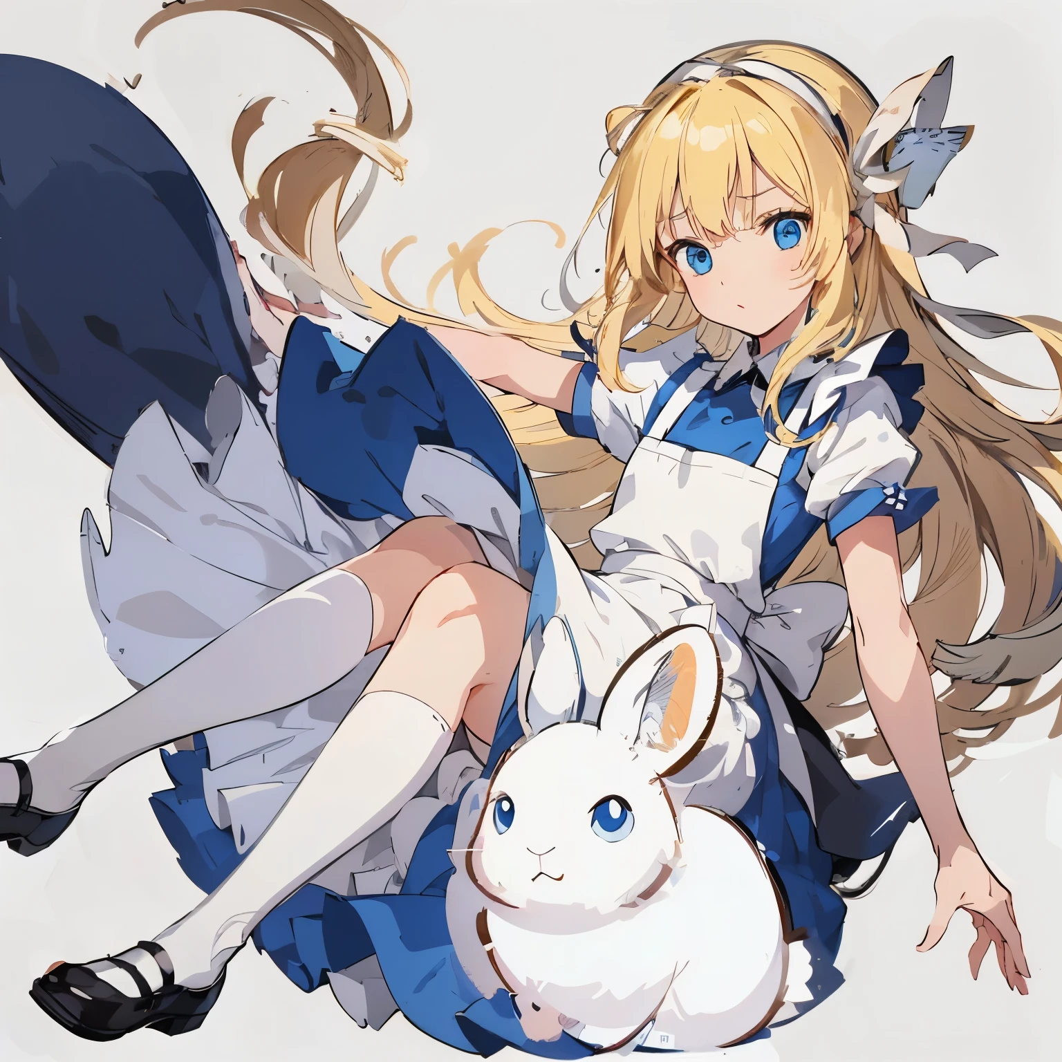 【Highest Quality, masutepiece】  [1 girl in, expressioness, (blonde hair:1.5), long hair, dress, (blue eyes:1.3), white legwear, apron, hairband ribbon, blue dress, shoes, short sleeves, saucer, black footwear, Upper body] (Gray white background:1.7), Surprised,[1 white rabbit,darkred eyes, sitting]