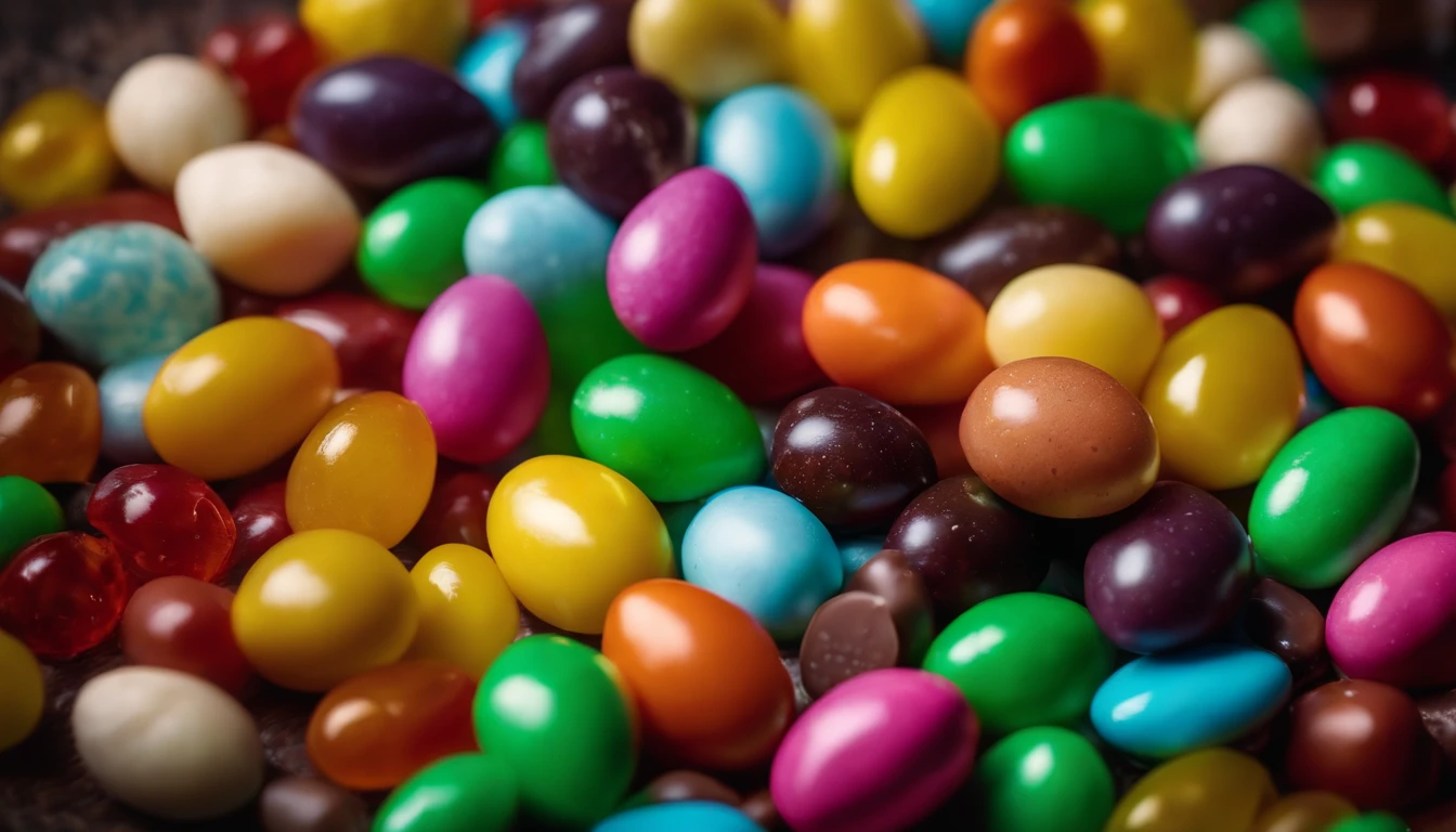 a top-down shot of a plate filled with an assortment of brightly colored Easter candies, such as jelly beans and chocolate eggs, against a bold background, creating a visually enticing and mouthwatering image